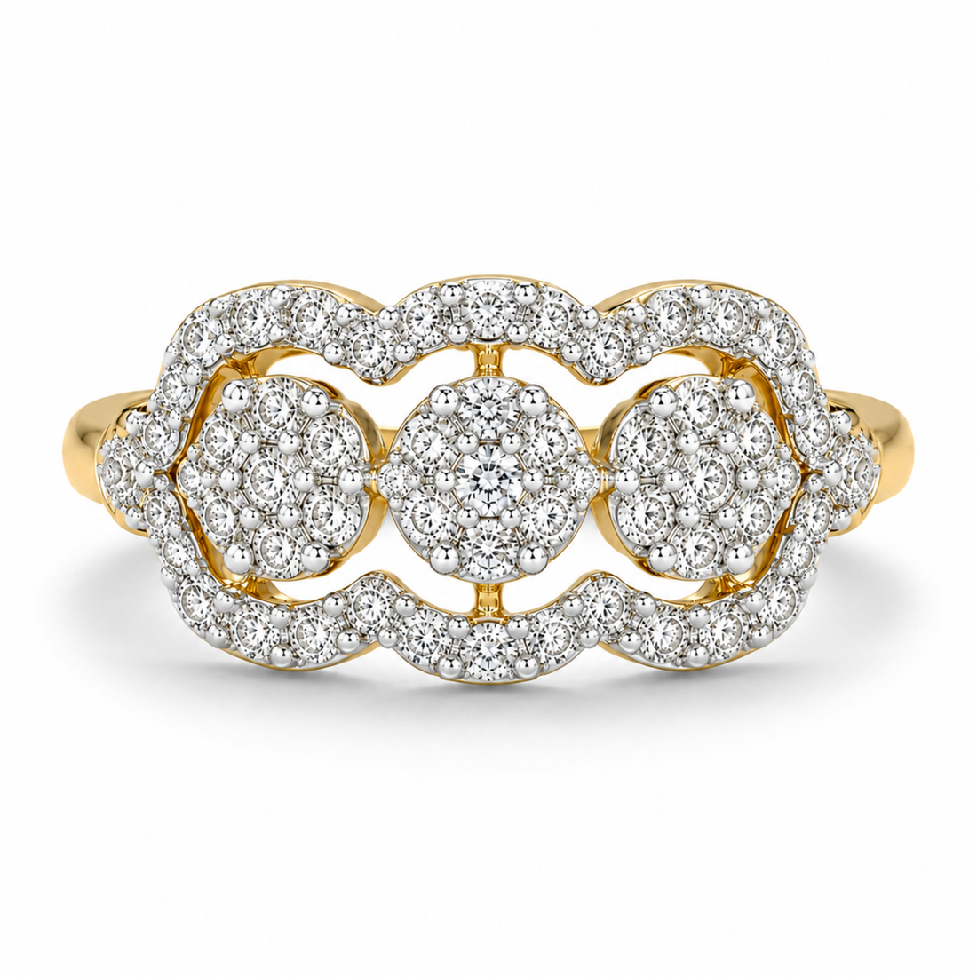 Floral cluster diamond ring with gold polish and white diamond prongs