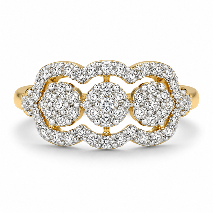 Floral cluster diamond ring with gold polish and white diamond prongs