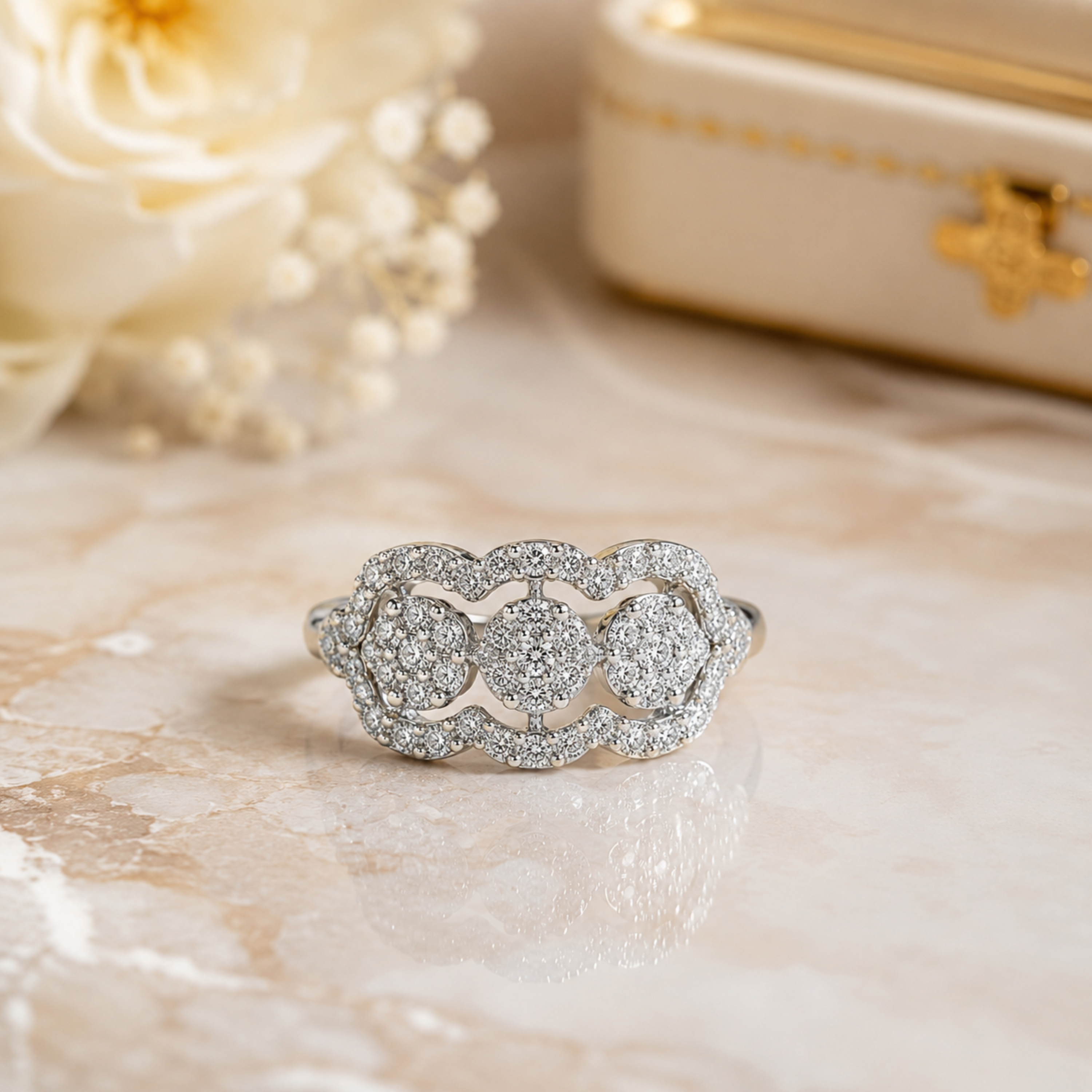 Luxury lifestyle image of floral cluster diamond ring in 925 sterling silver