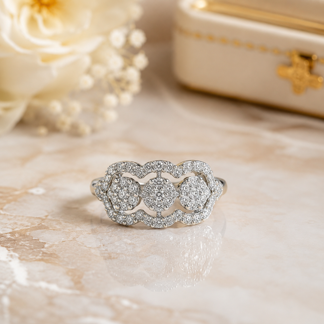 Luxury lifestyle image of floral cluster diamond ring in 925 sterling silver