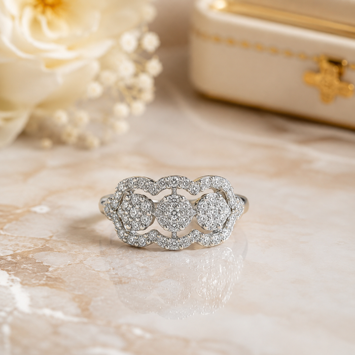 Luxury lifestyle image of floral cluster diamond ring in 925 sterling silver