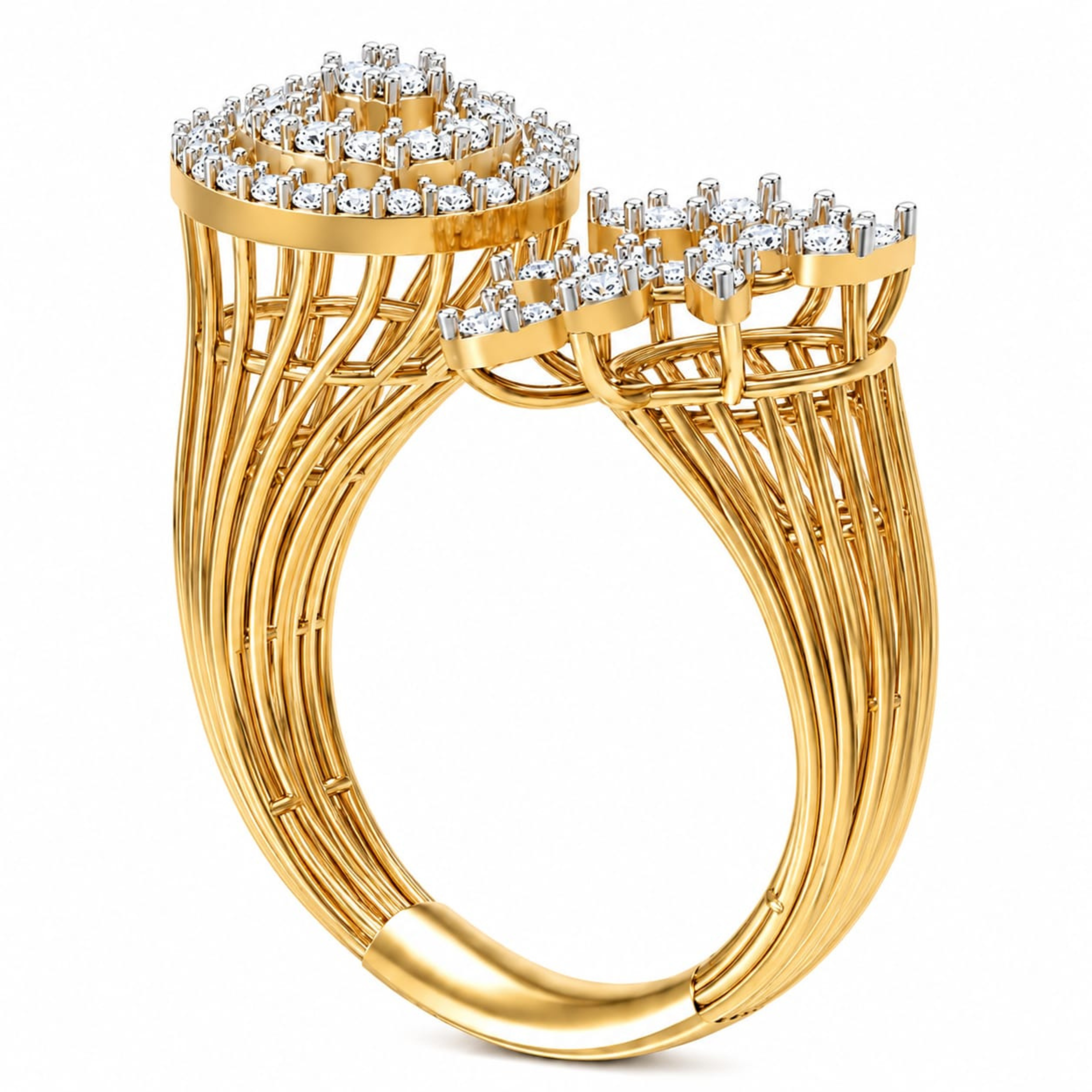 Side angle view of 925 sterling silver Floral Orbit diamond ring on white background