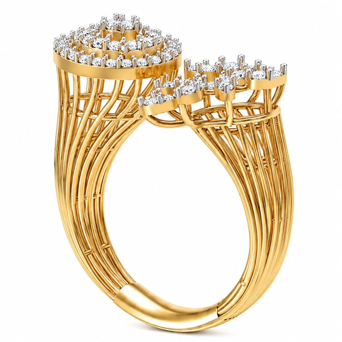 Side angle view of 925 sterling silver Floral Orbit diamond ring on white background
