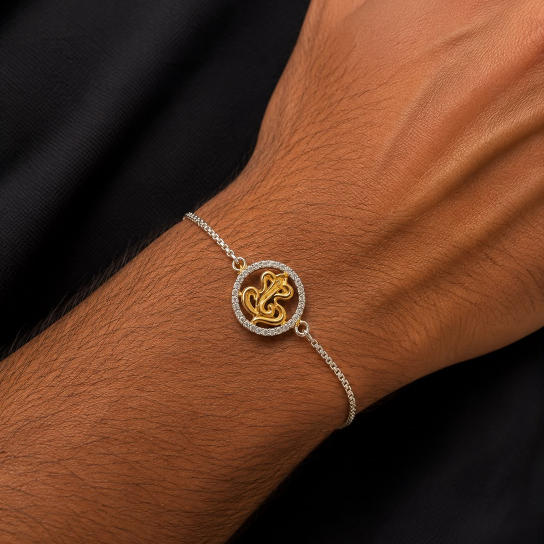 925 sterling silver Ganesh ji diamond rakhi bracelet with white gold polish, premium spiritual rakhi for brother