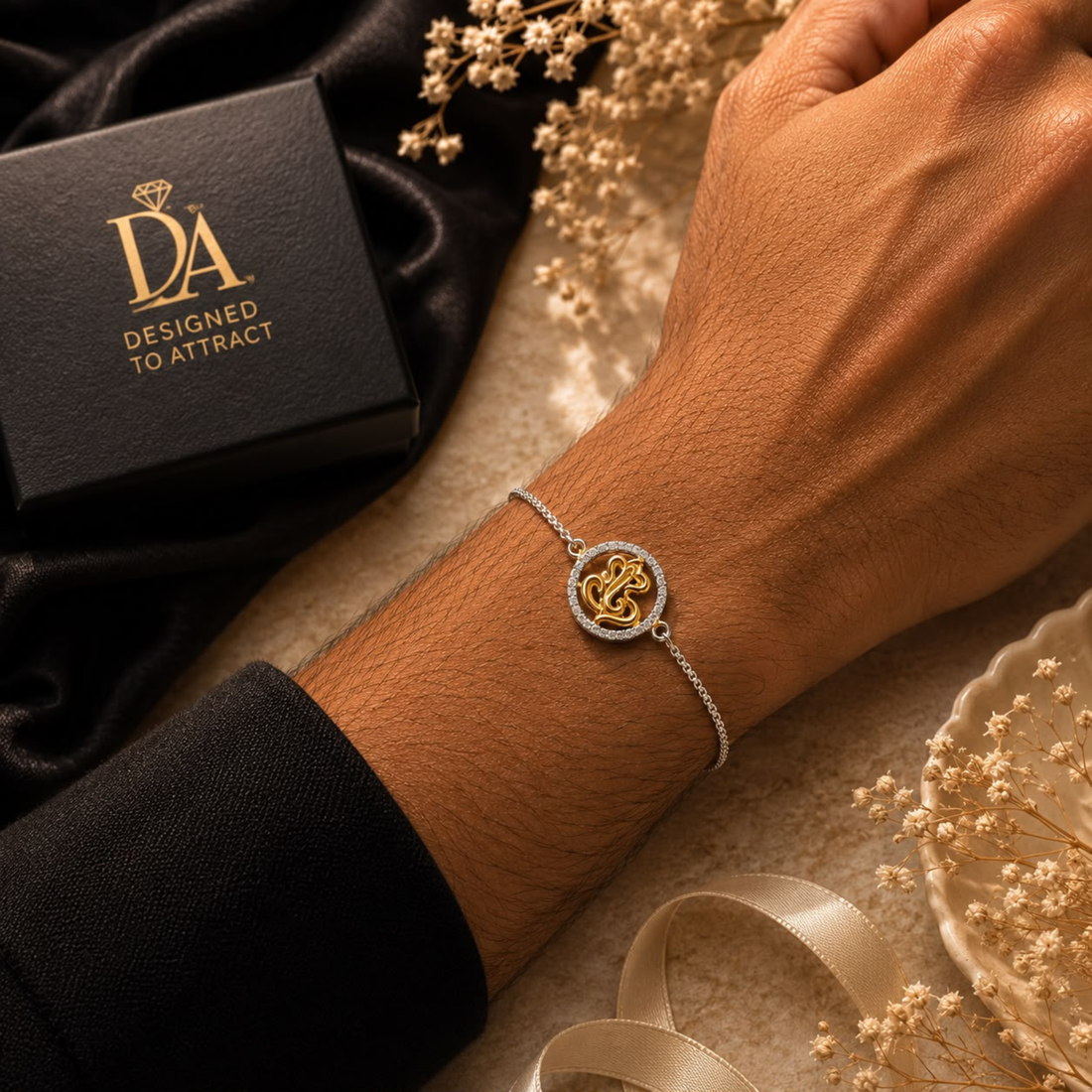Luxury 925 sterling silver Ganesh ji diamond rakhi bracelet aesthetic product shot with premium styling