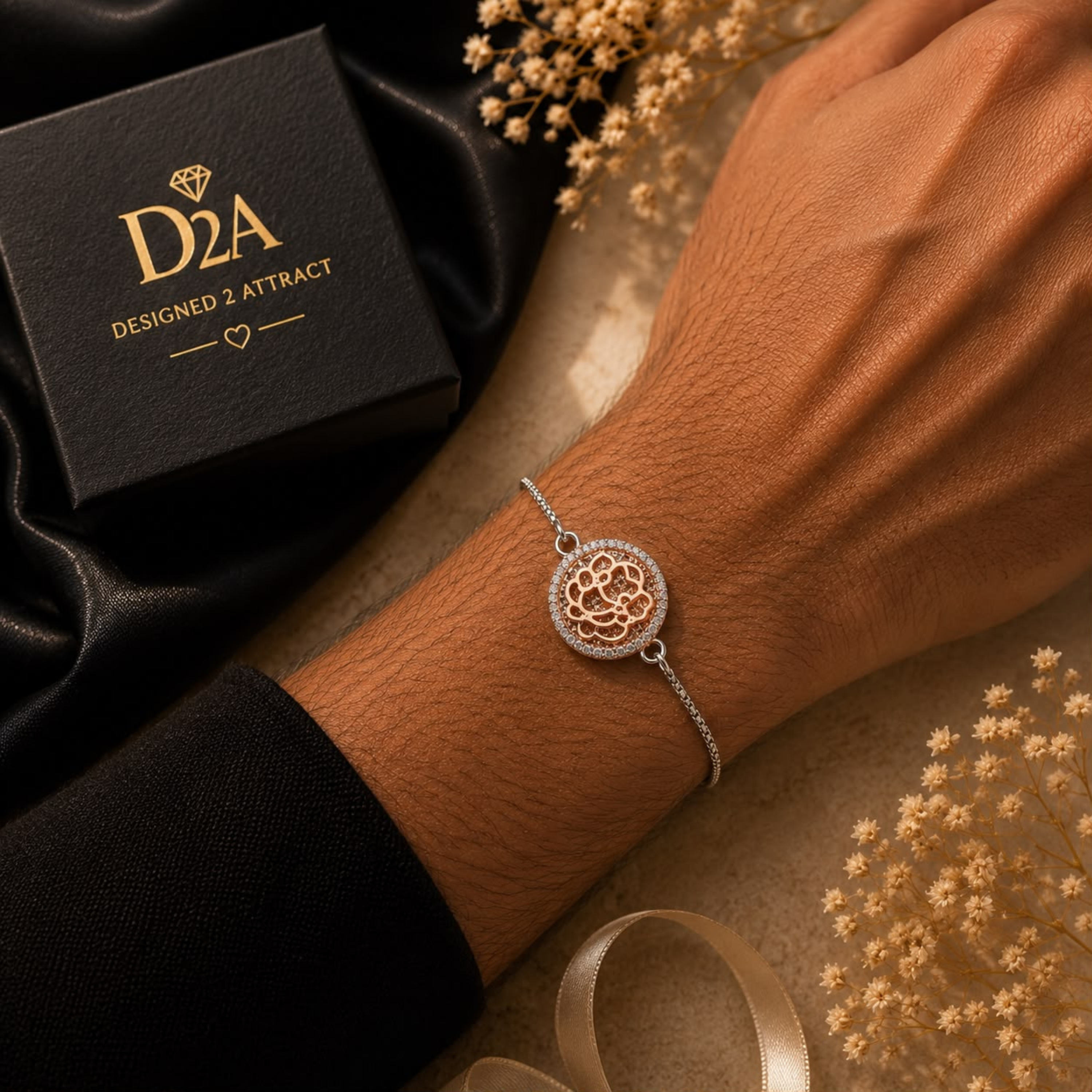 Luxury 925 sterling silver Ganesh ji rakhi bracelet with rose gold finish, aesthetic premium product shot