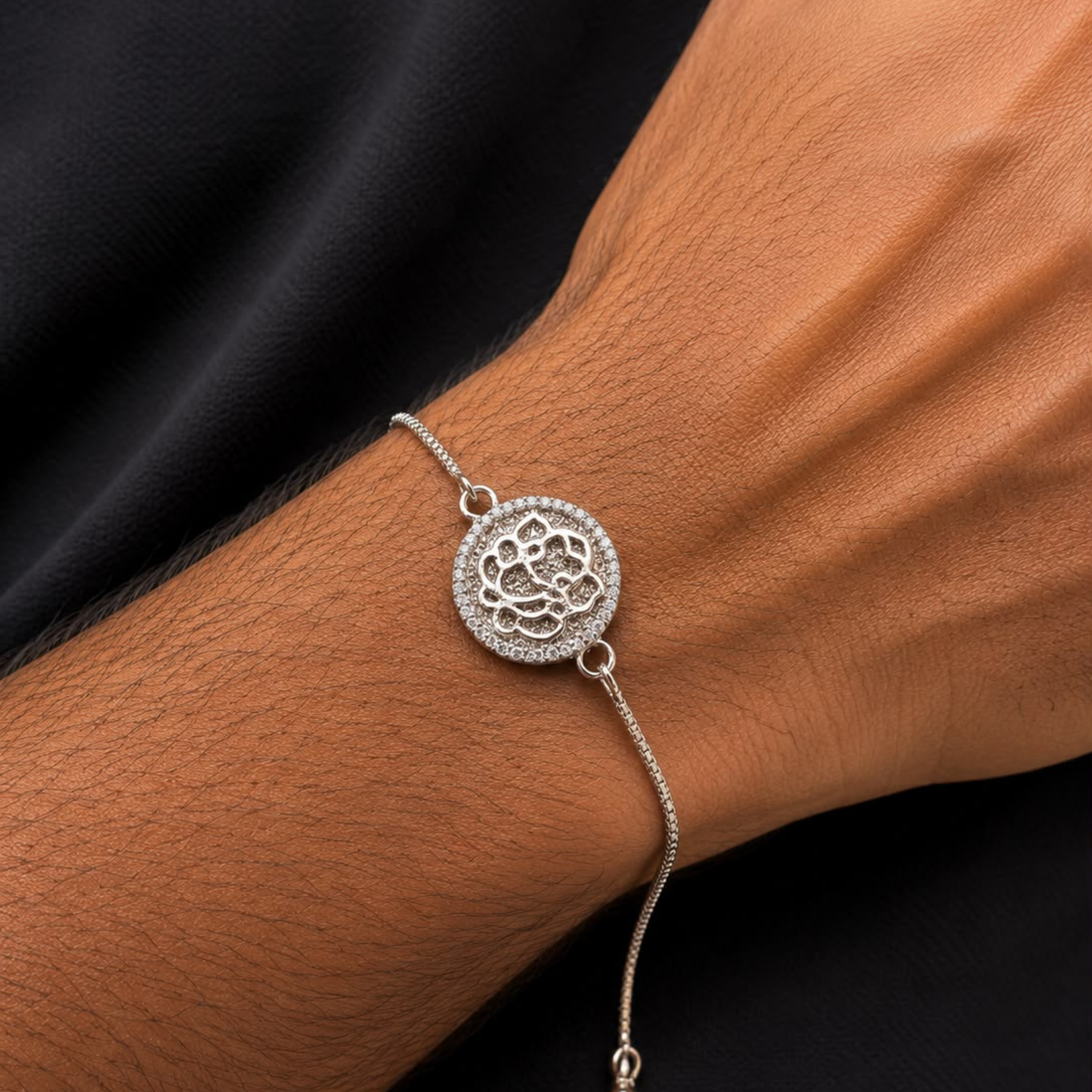 925 sterling silver Ganesh ji rakhi bracelet with white polish, premium spiritual designer rakhi for brother