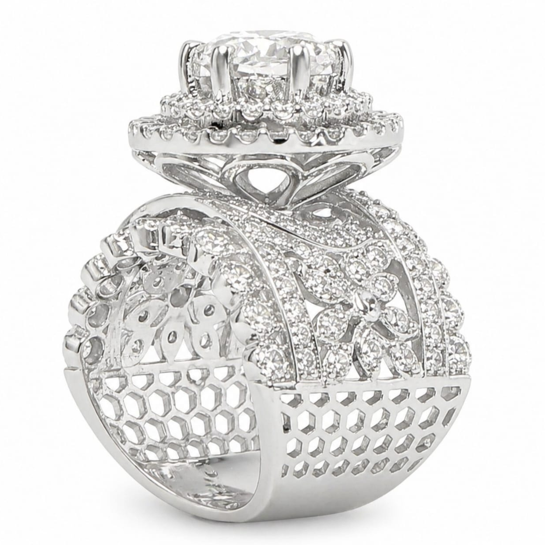 Gardenia Sparkle floral 925 sterling silver ring front view