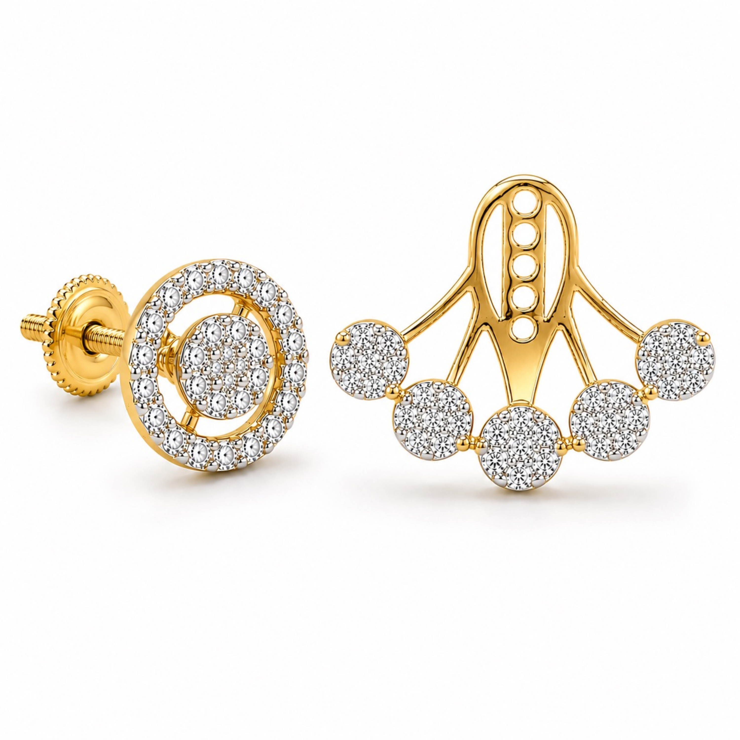 Gold ear jacket style party wear earrings, round halo fan cluster design with screw-back closure