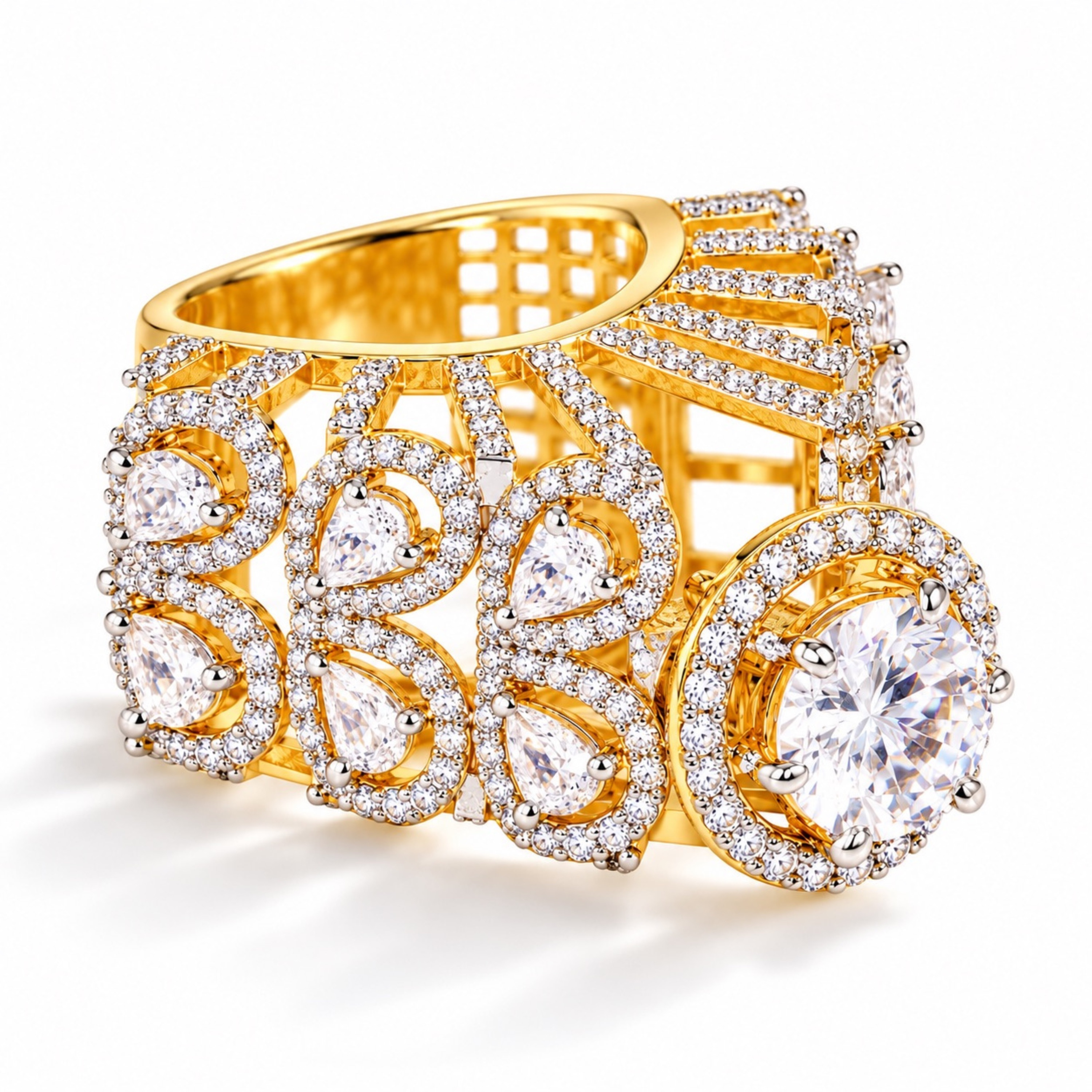 Gold-plated CZ cocktail ring side view showing open cage band