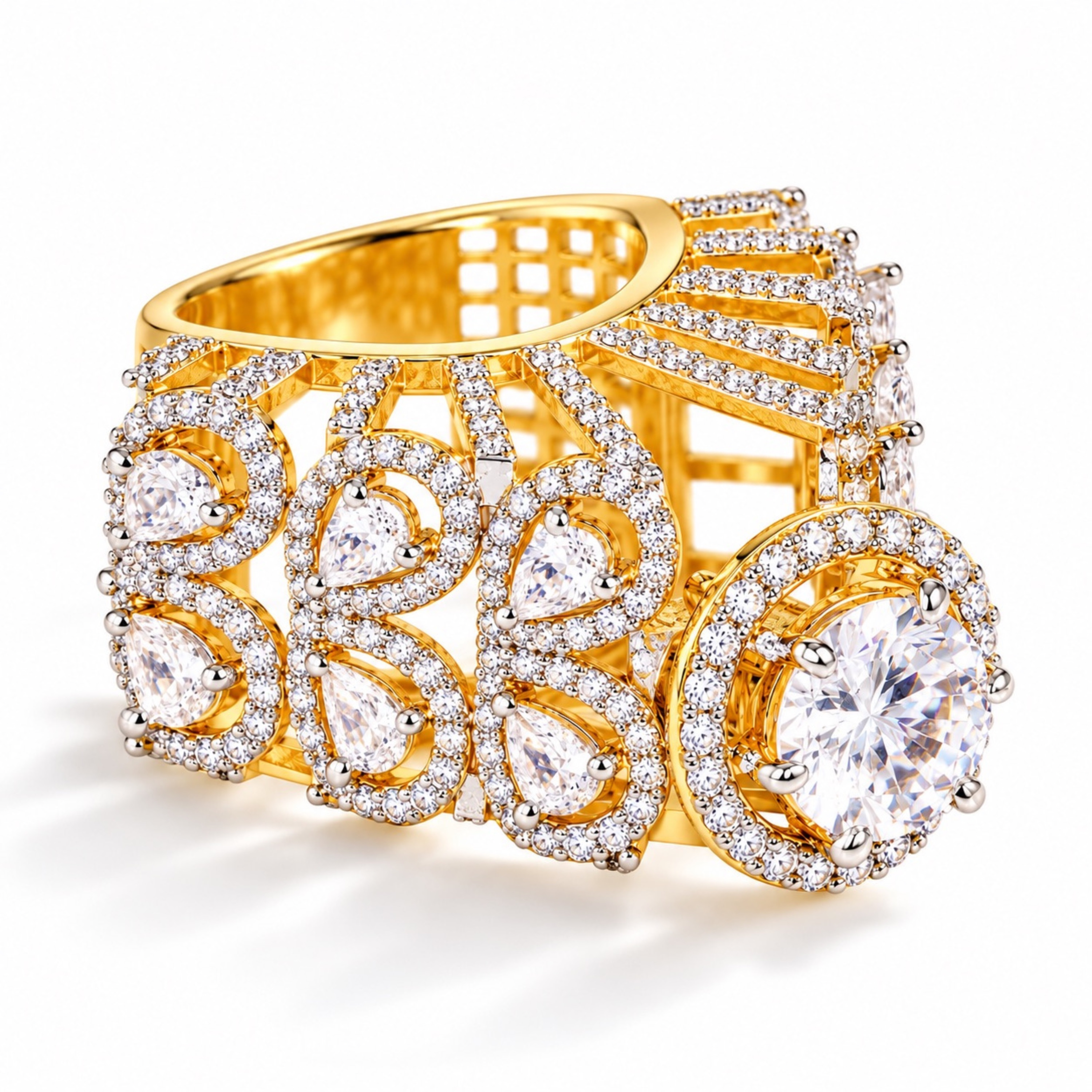 Gold-plated CZ cocktail ring side view showing open cage band