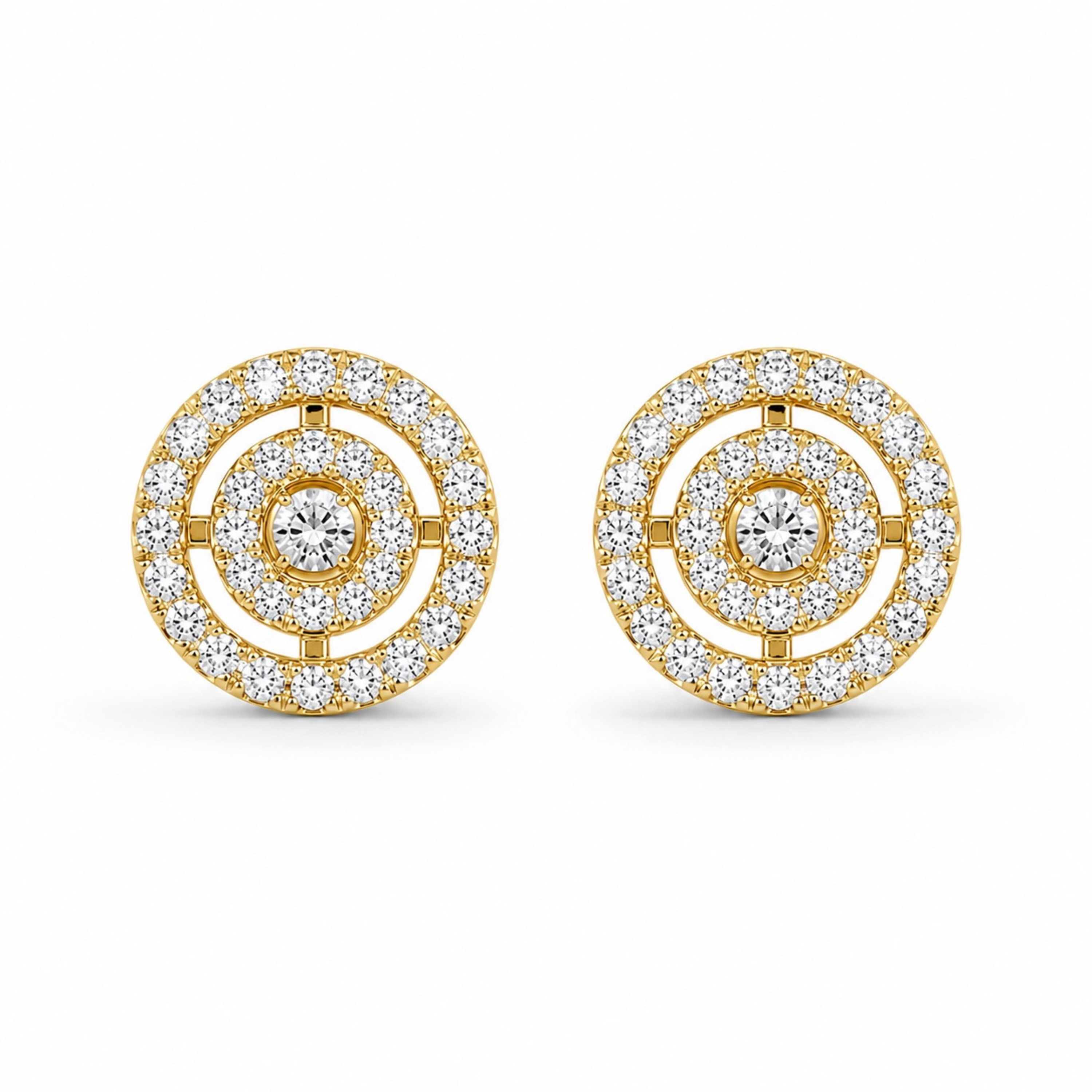 Gold polish circular diamond stud earrings with white stones on white background, luxury realistic jewellery website image
