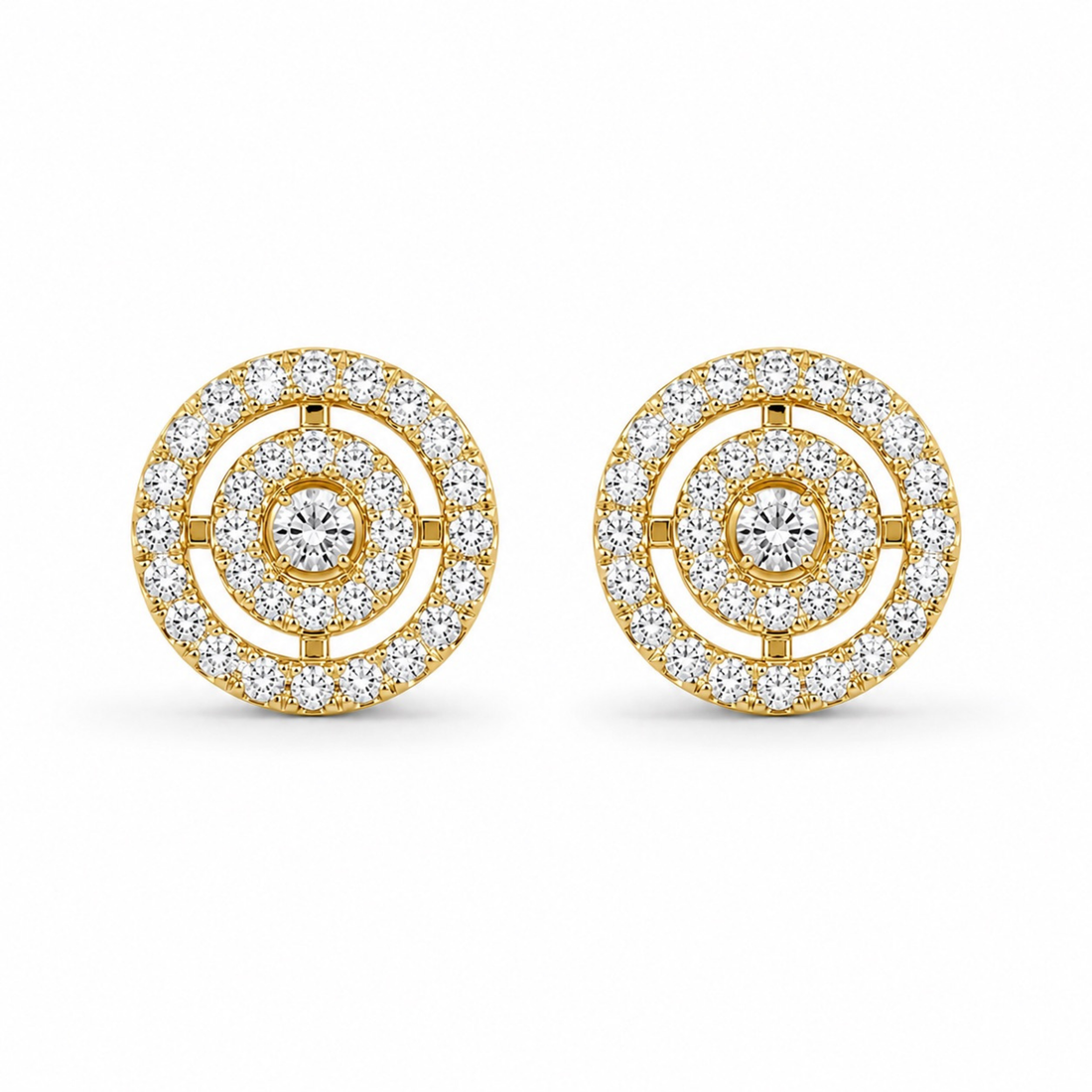 Gold polish circular diamond stud earrings with white stones on white background, luxury realistic jewellery website image