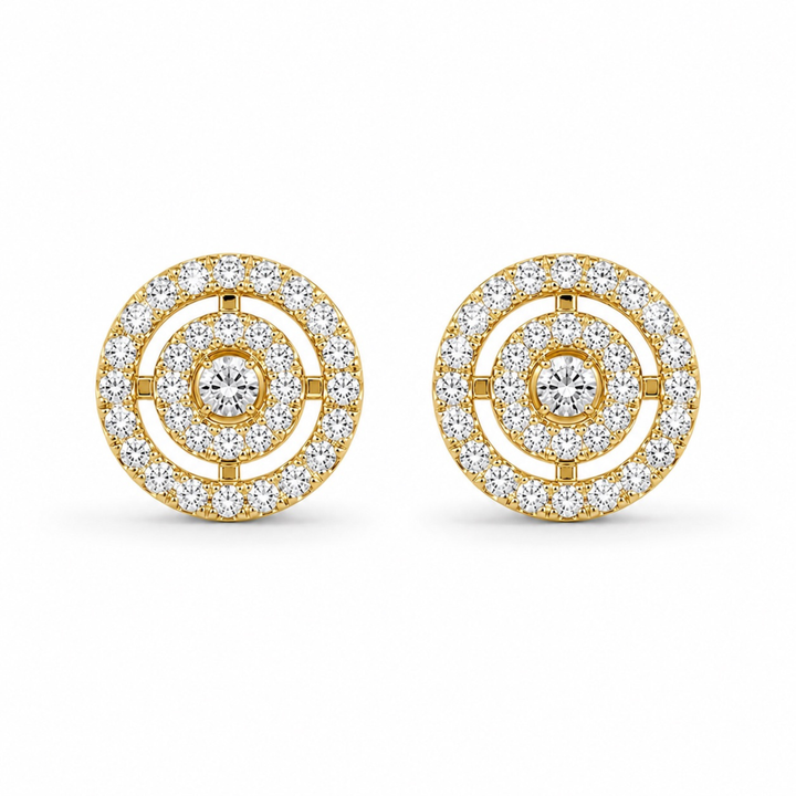 Gold polish circular diamond stud earrings with white stones on white background, luxury realistic jewellery website image
