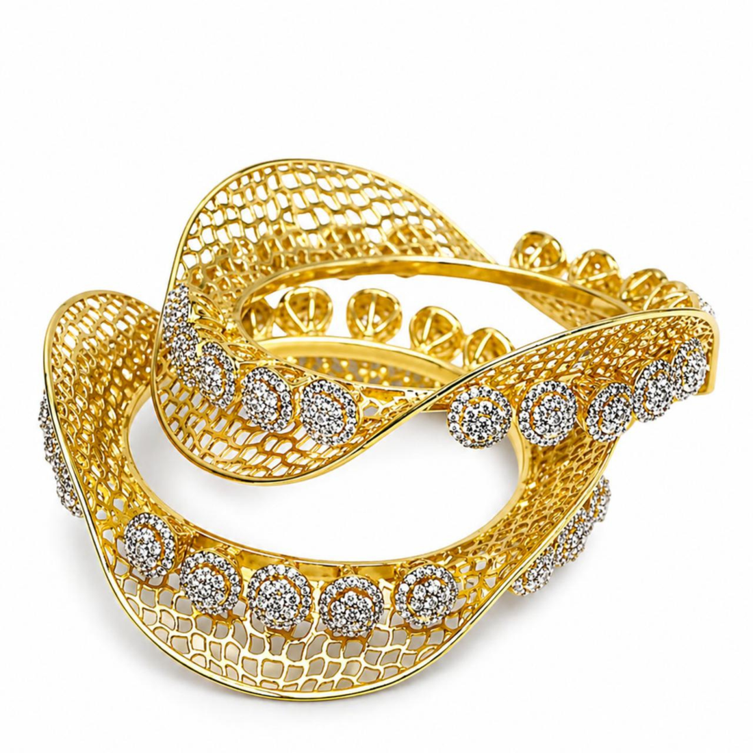 Gold polish designer diamond bangle in white background featuring stylish wave design