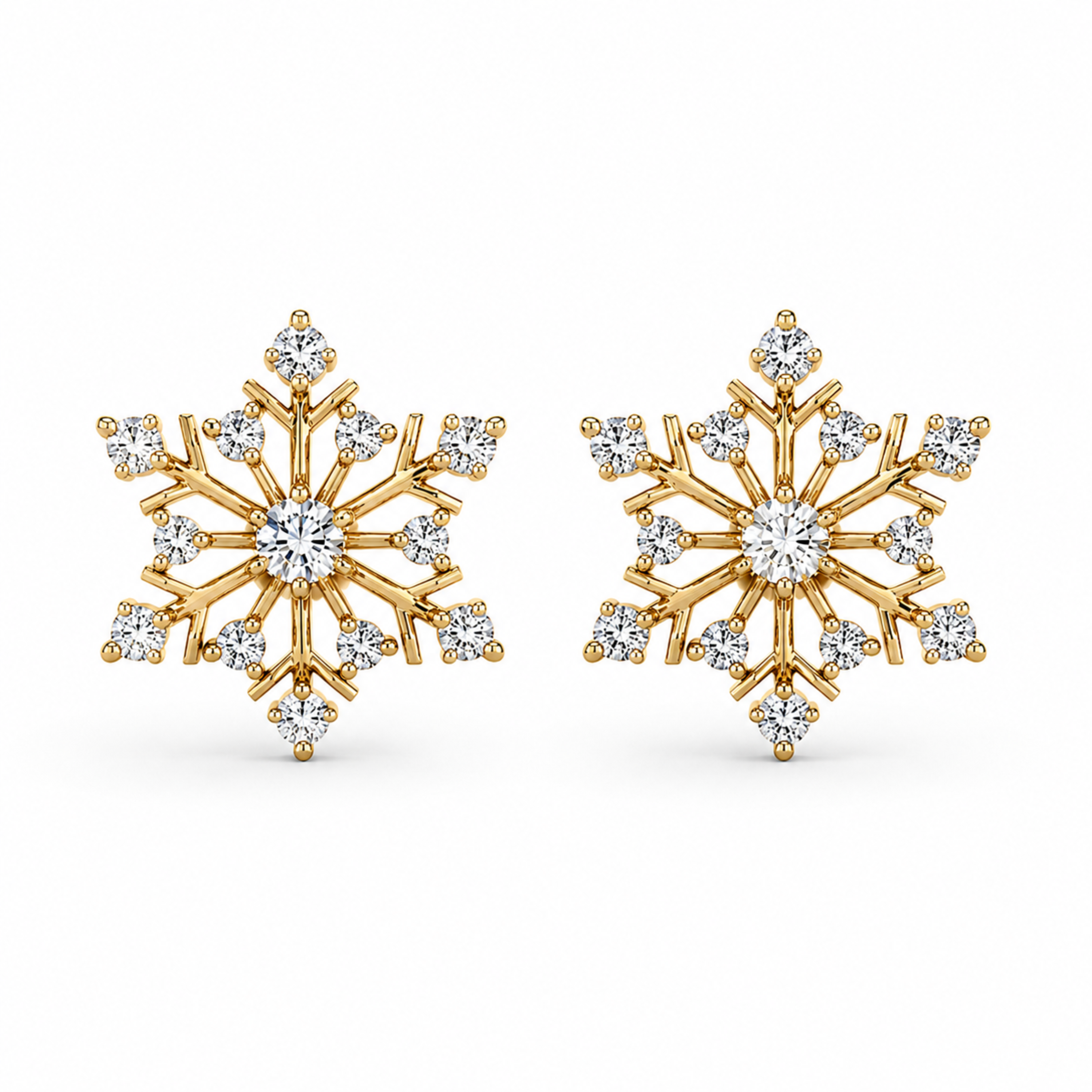 Gold polish snowflake diamond stud earrings with white stones on clean white background, luxury realistic jewellery website image