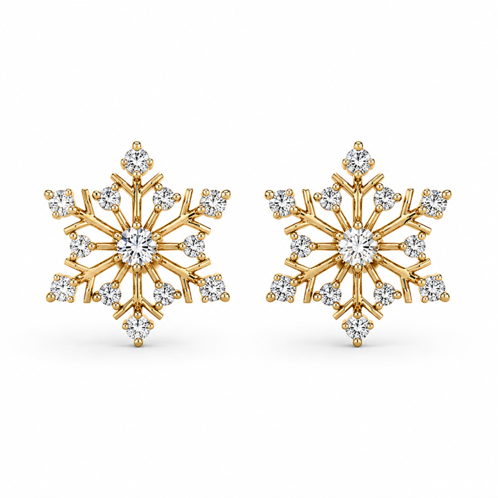 Gold polish snowflake diamond stud earrings with white stones on clean white background, luxury realistic jewellery website image