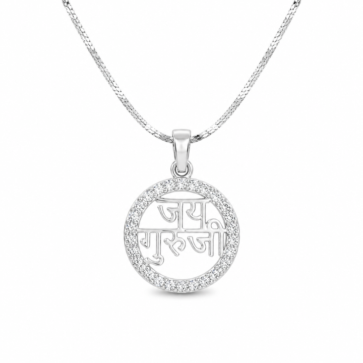 Guru Ji pendant in 925 sterling silver with CZ diamond halo in white finish