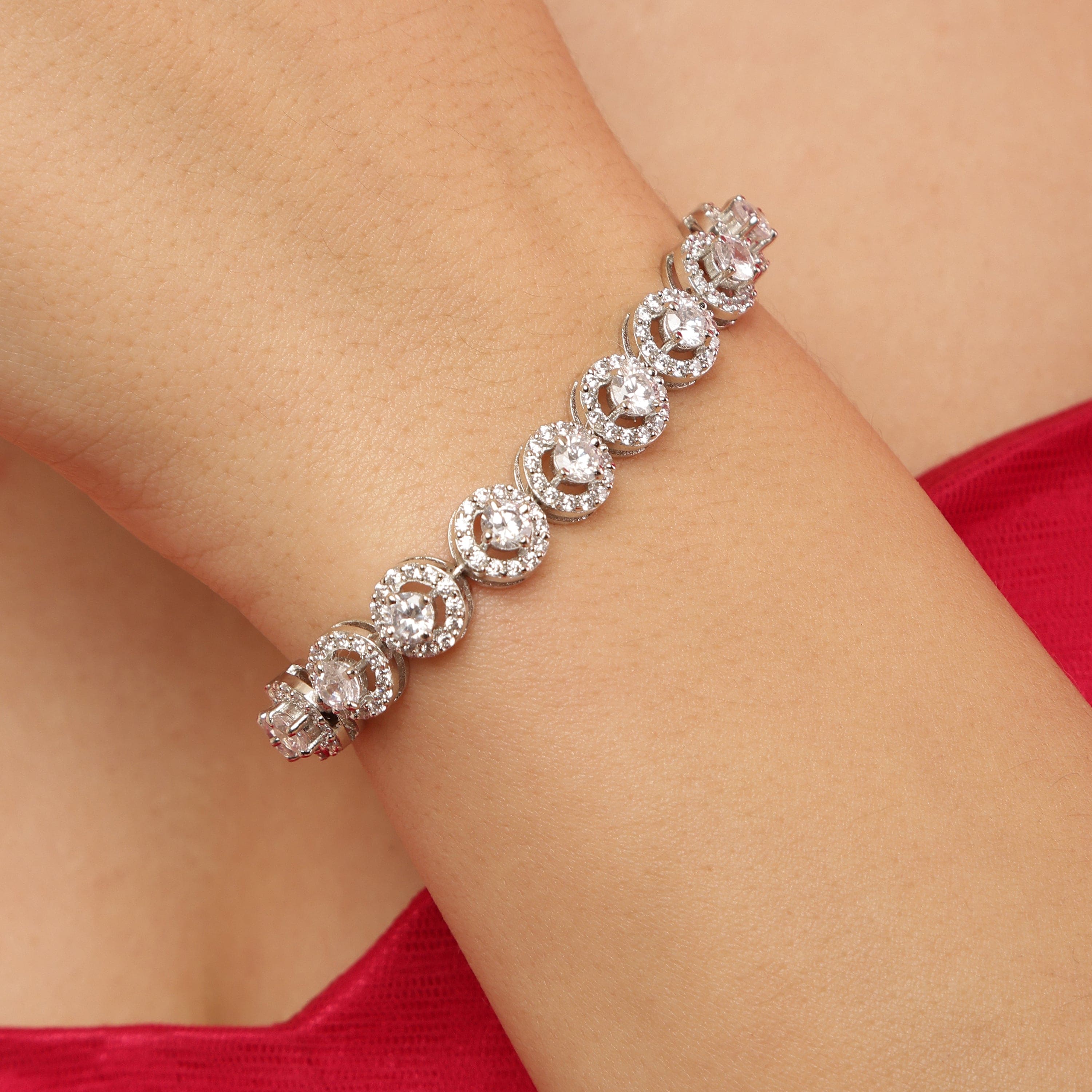 Halo Solitaire sterling silver bracelet worn on wrist