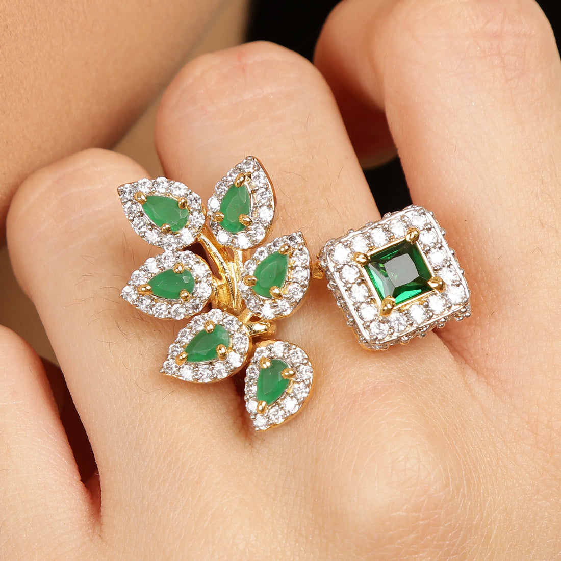 Leafed Elegance in Emerald sterling silver ring band detail