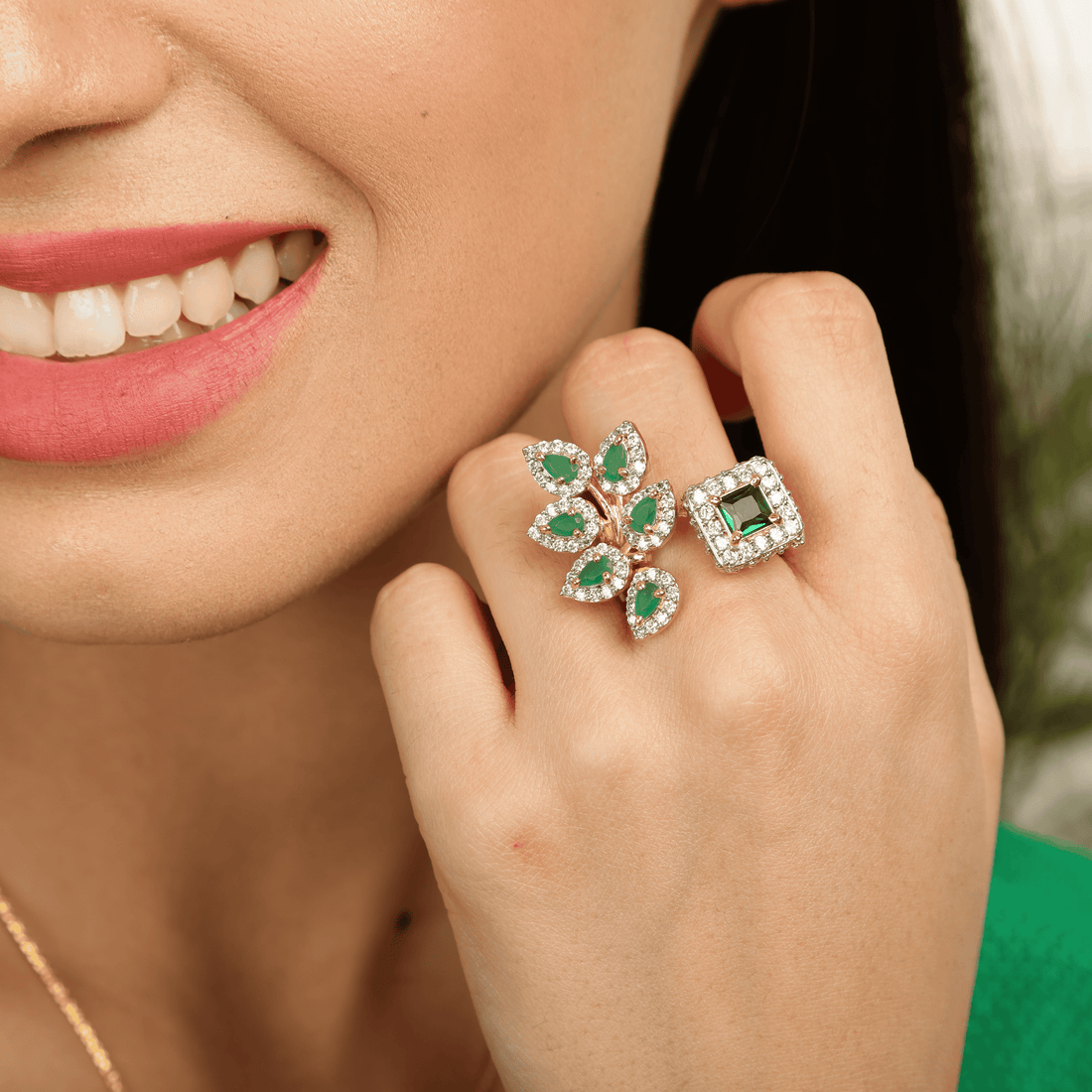 Leafed Elegance in Emerald sterling silver ring side angle view