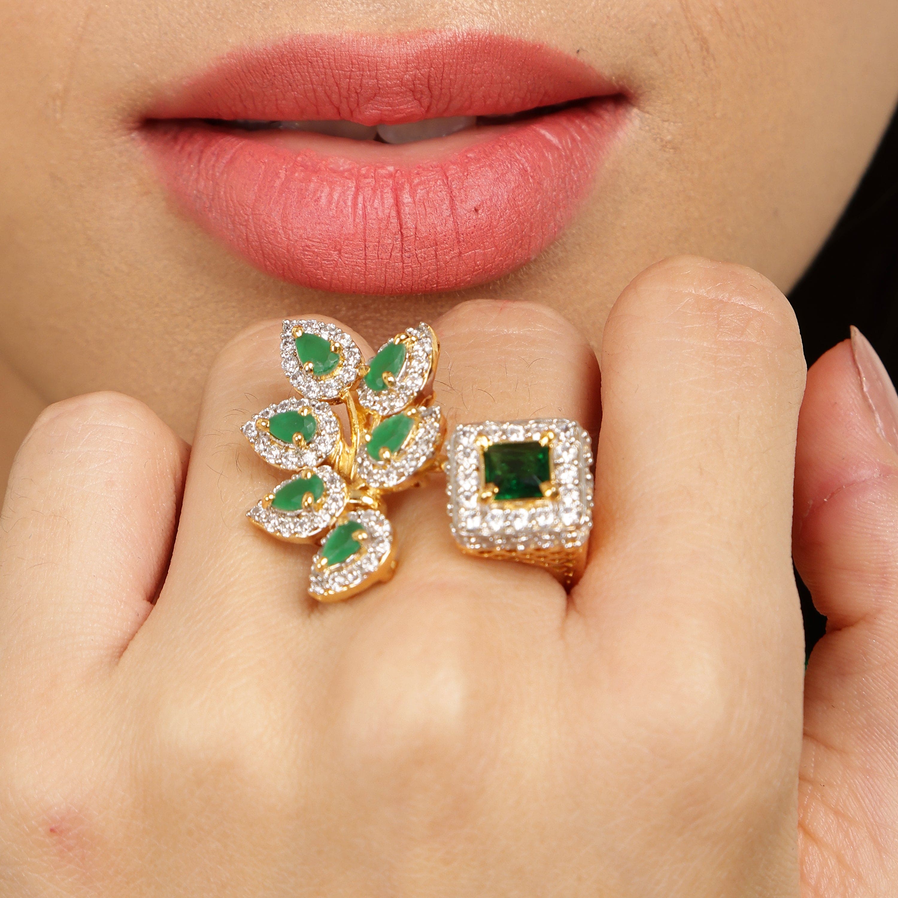 Leafed Elegance in Emerald 925 sterling silver ring worn on hand