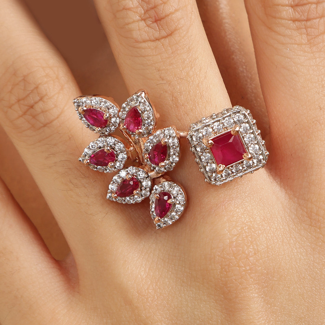 Leafed Elegance in Ruby sterling silver ring close-up detail