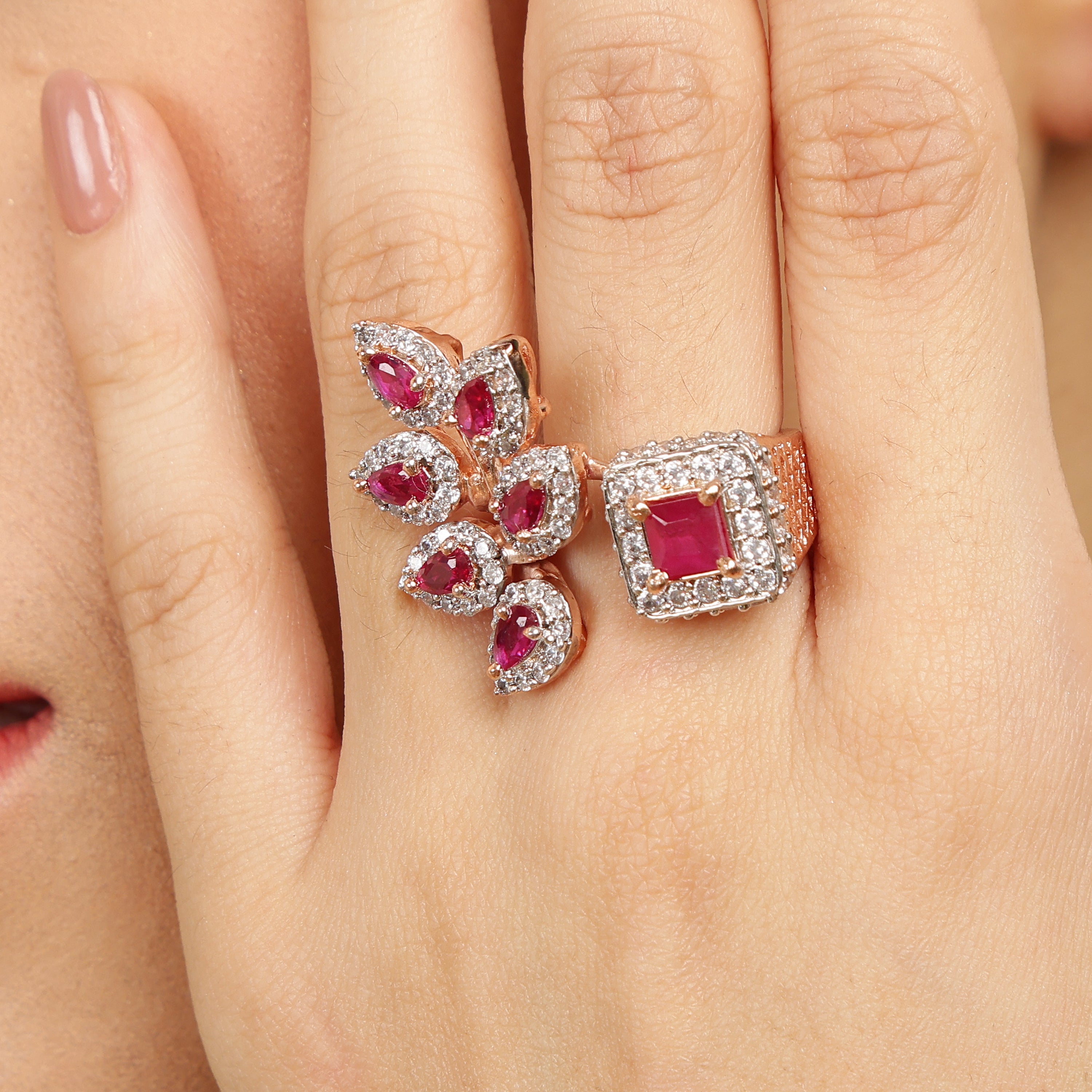 Leafed Elegance in Ruby sterling silver ring worn on hand