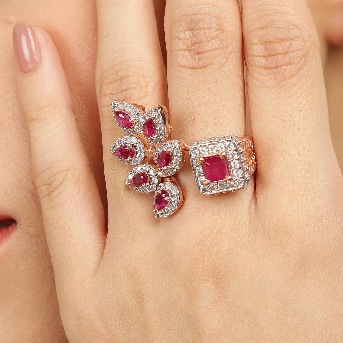 Leafed Elegance in Ruby sterling silver ring worn on hand