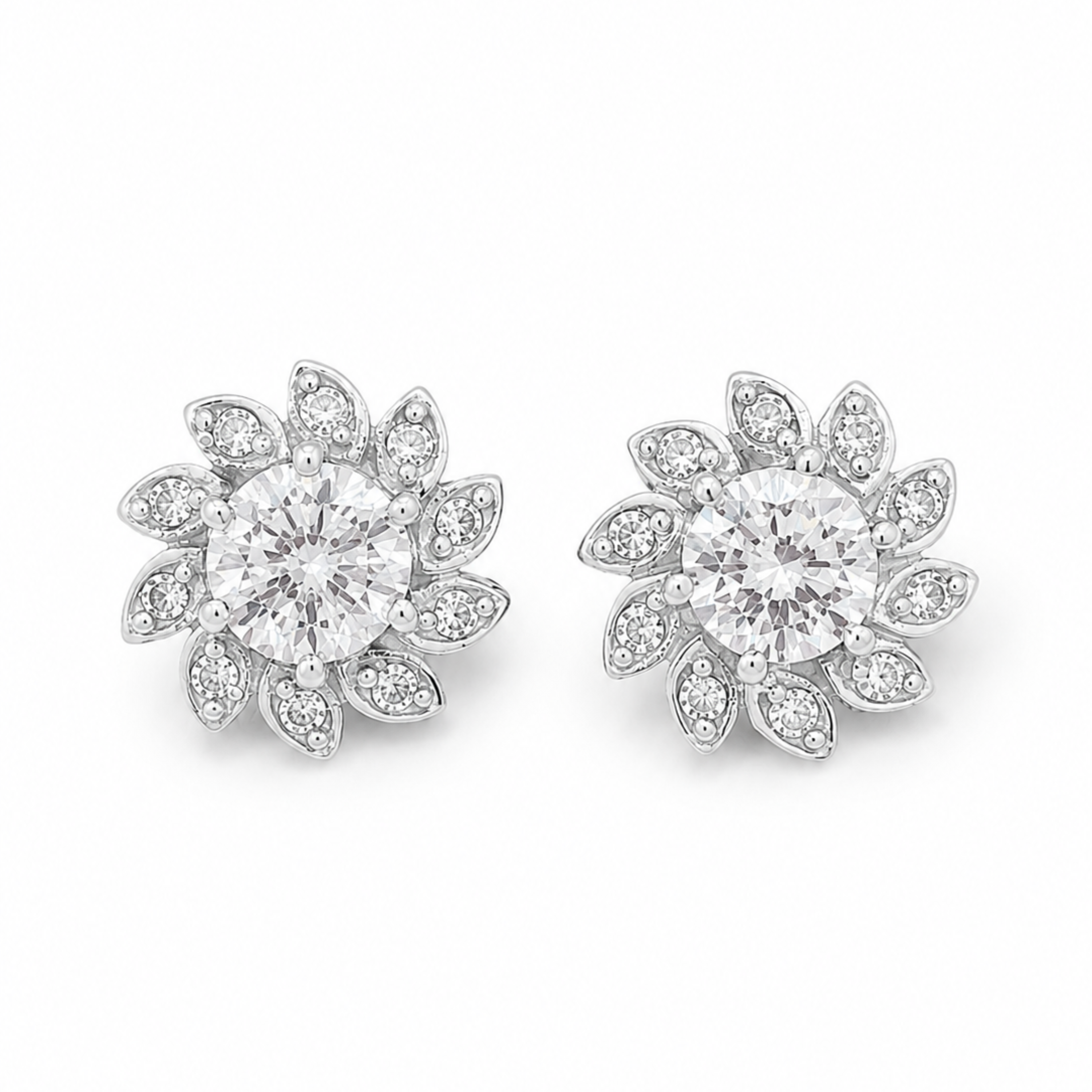 Creative luxury photo of white polish Lunara Spark diamond stud earrings with elegant styling and soft lighting
