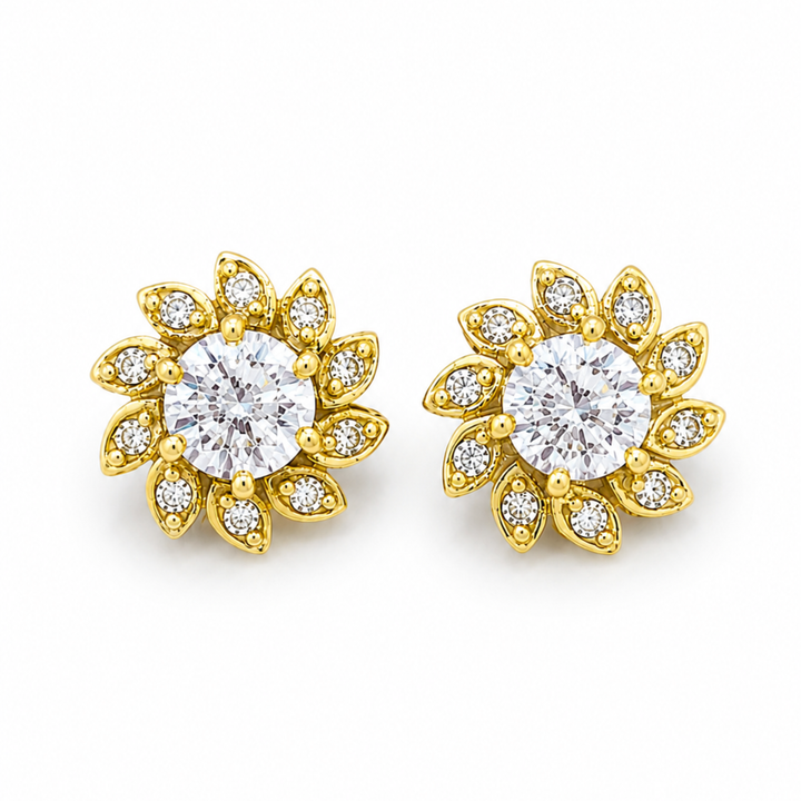 Gold polish Lunara Spark diamond stud earrings with bright white stones on clean white background realistic jewellery photo