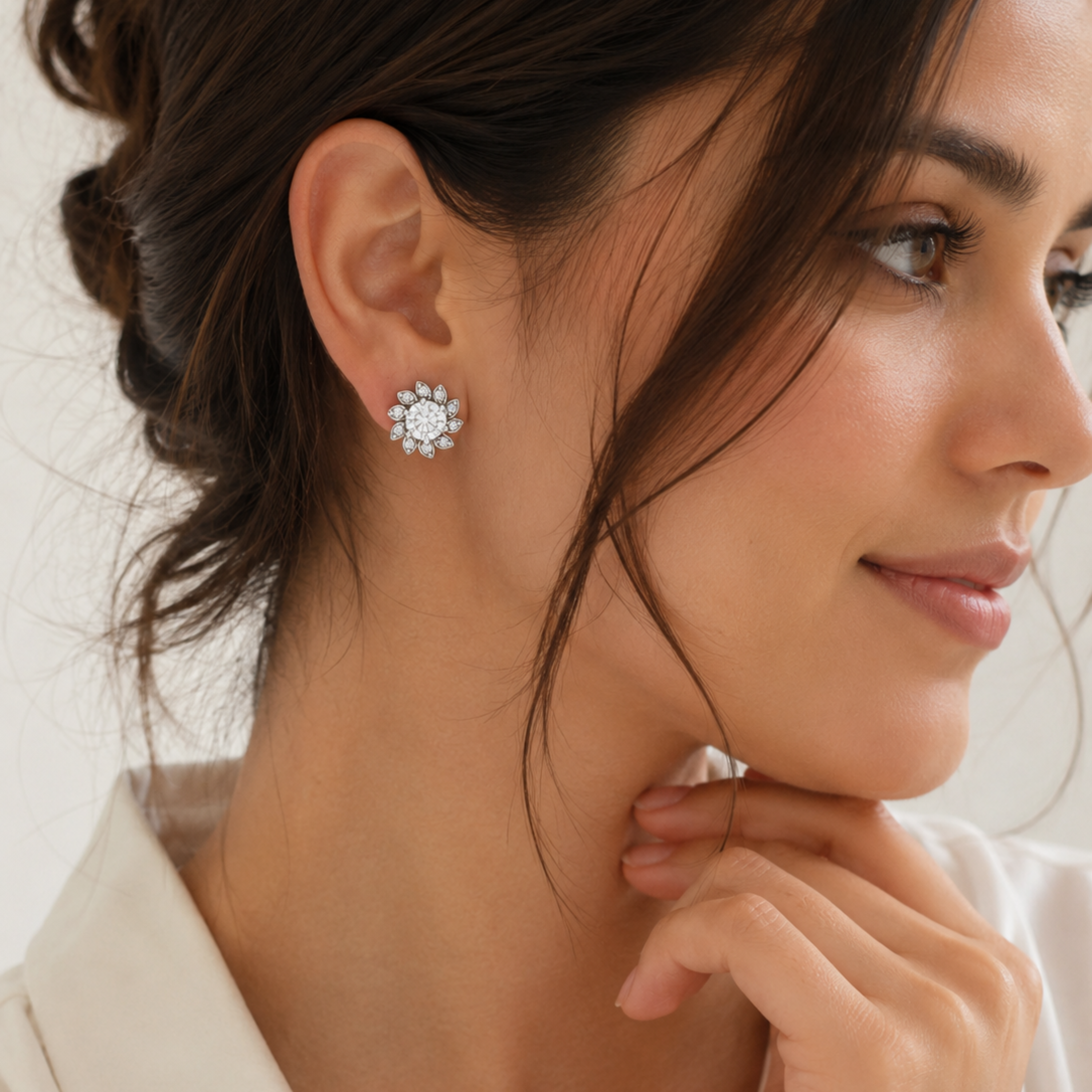 Beautiful model wearing white polish Lunara Spark diamond stud earrings realistic luxury jewellery photoshoot