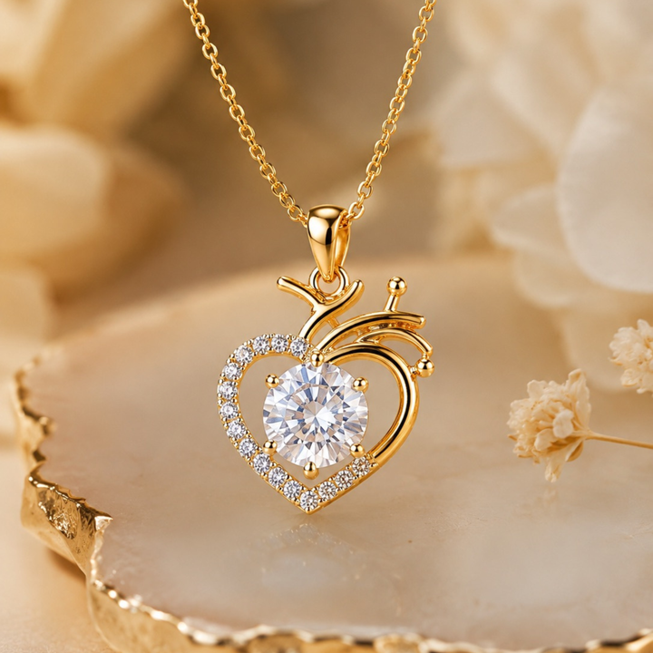 Creative luxury jewellery photography of heart shape pendant necklace with sparkling stone and elegant styling background