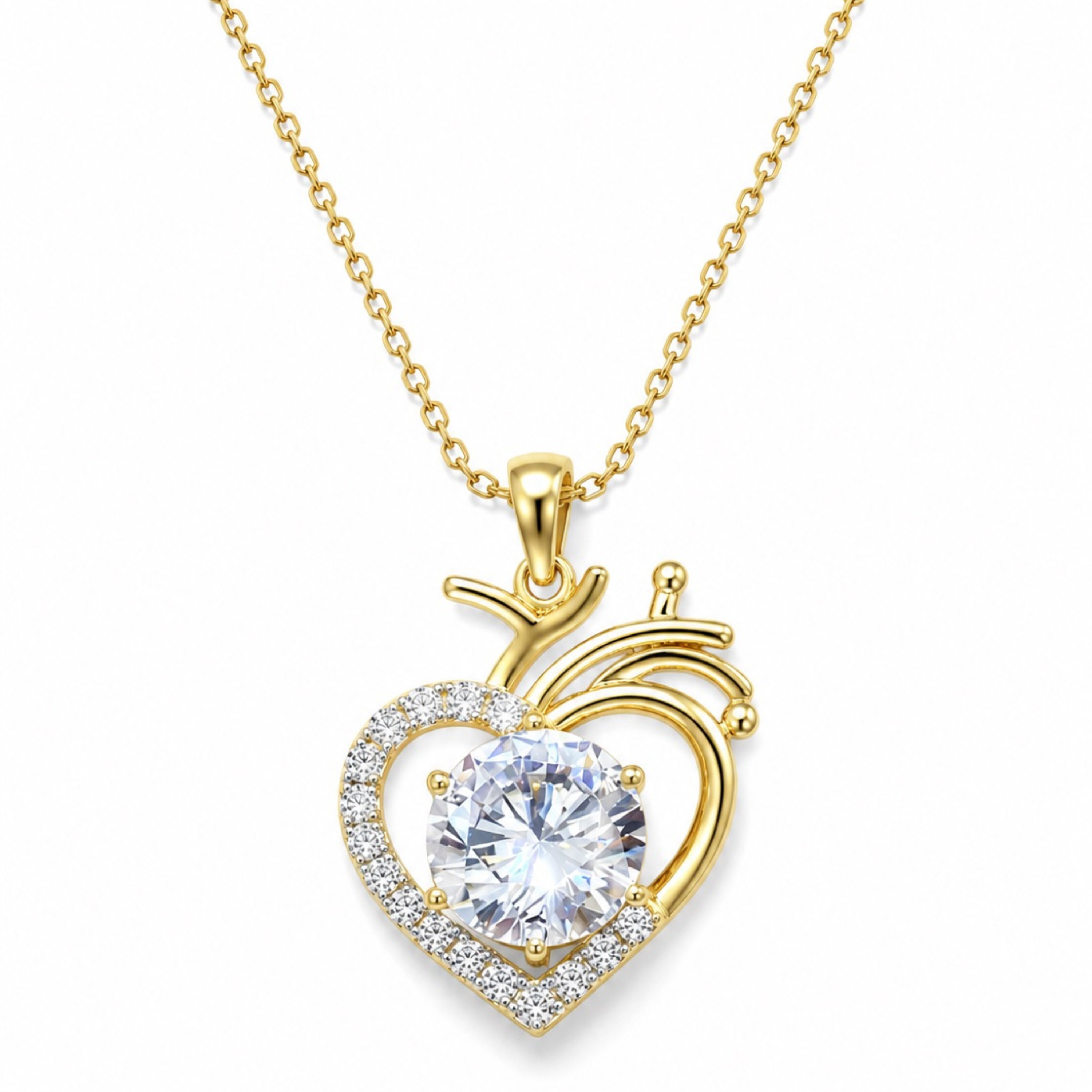 Heart shape gold polish pendant necklace with sparkling center stone and silver chain on white background