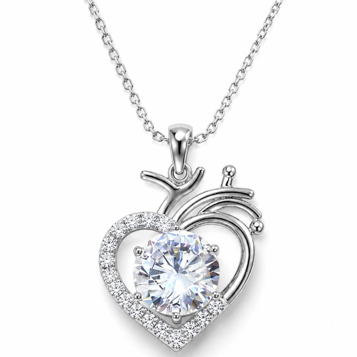 Heart shape white polish pendant necklace with sparkling center stone and silver chain on white background