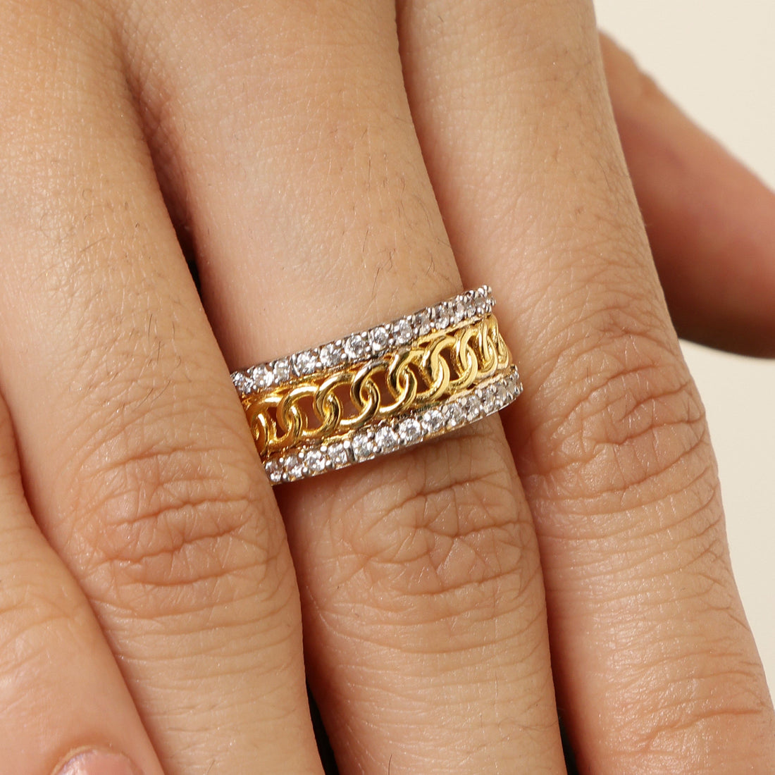 Lustre Chain sterling silver band worn on hand