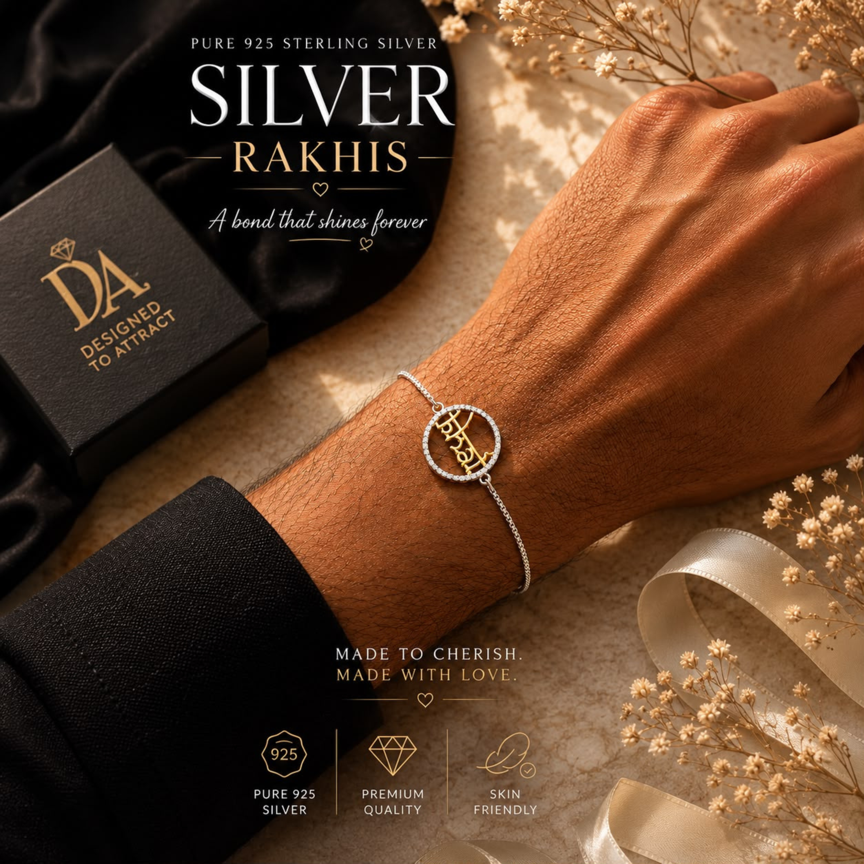 Luxury 925 sterling silver diamond rakhi bracelet aesthetic product shot with elegant premium styling