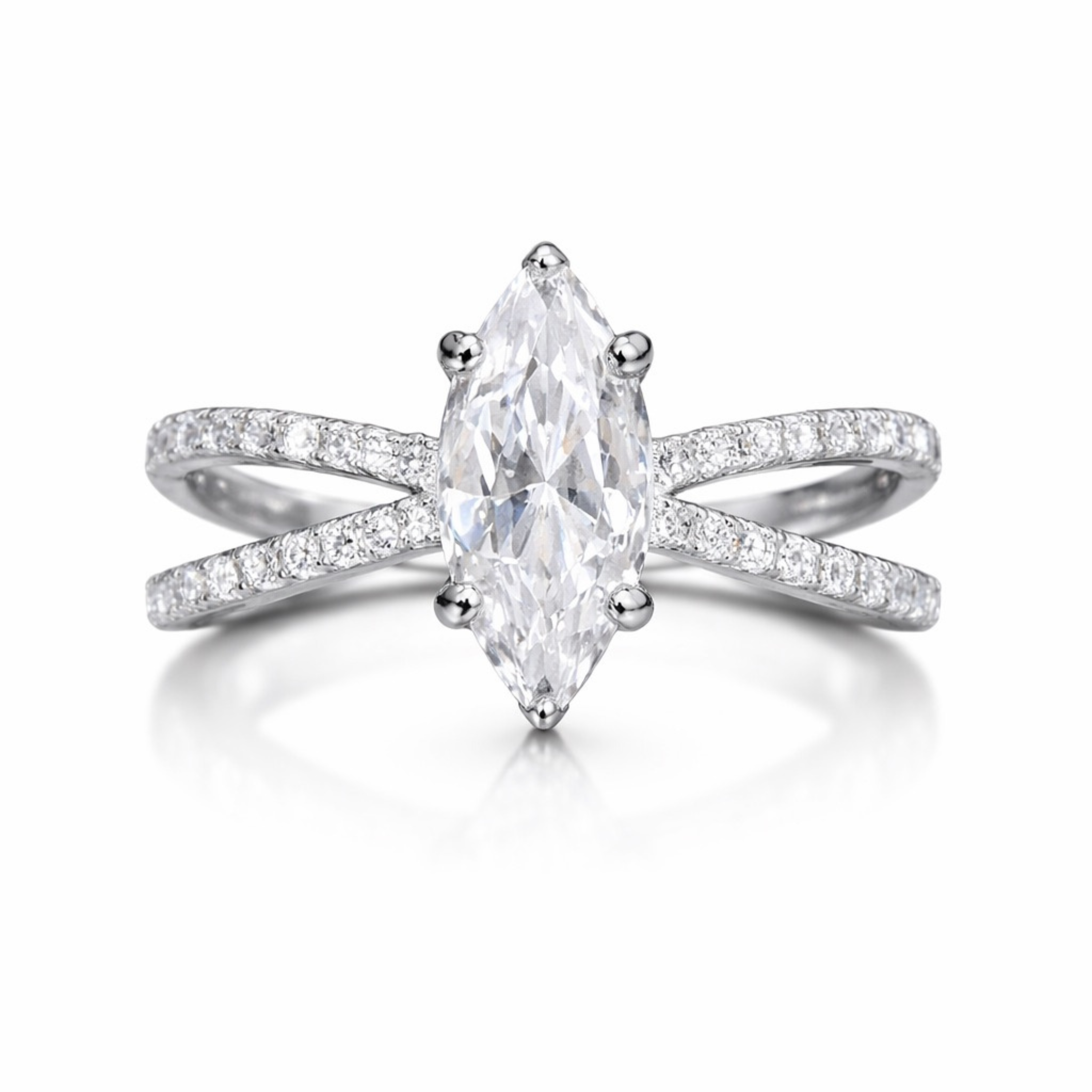     Front view of marquise cut diamond crossover ring in white polish