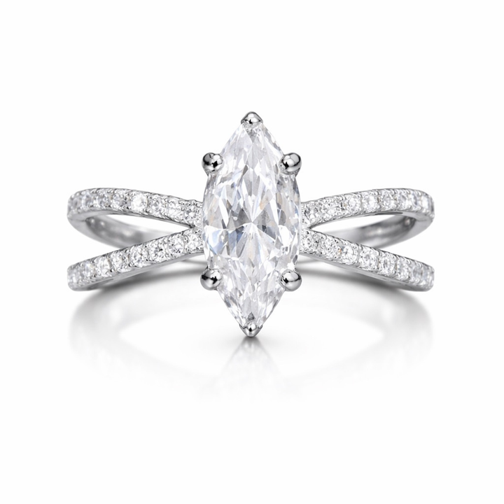     Front view of marquise cut diamond crossover ring in white polish