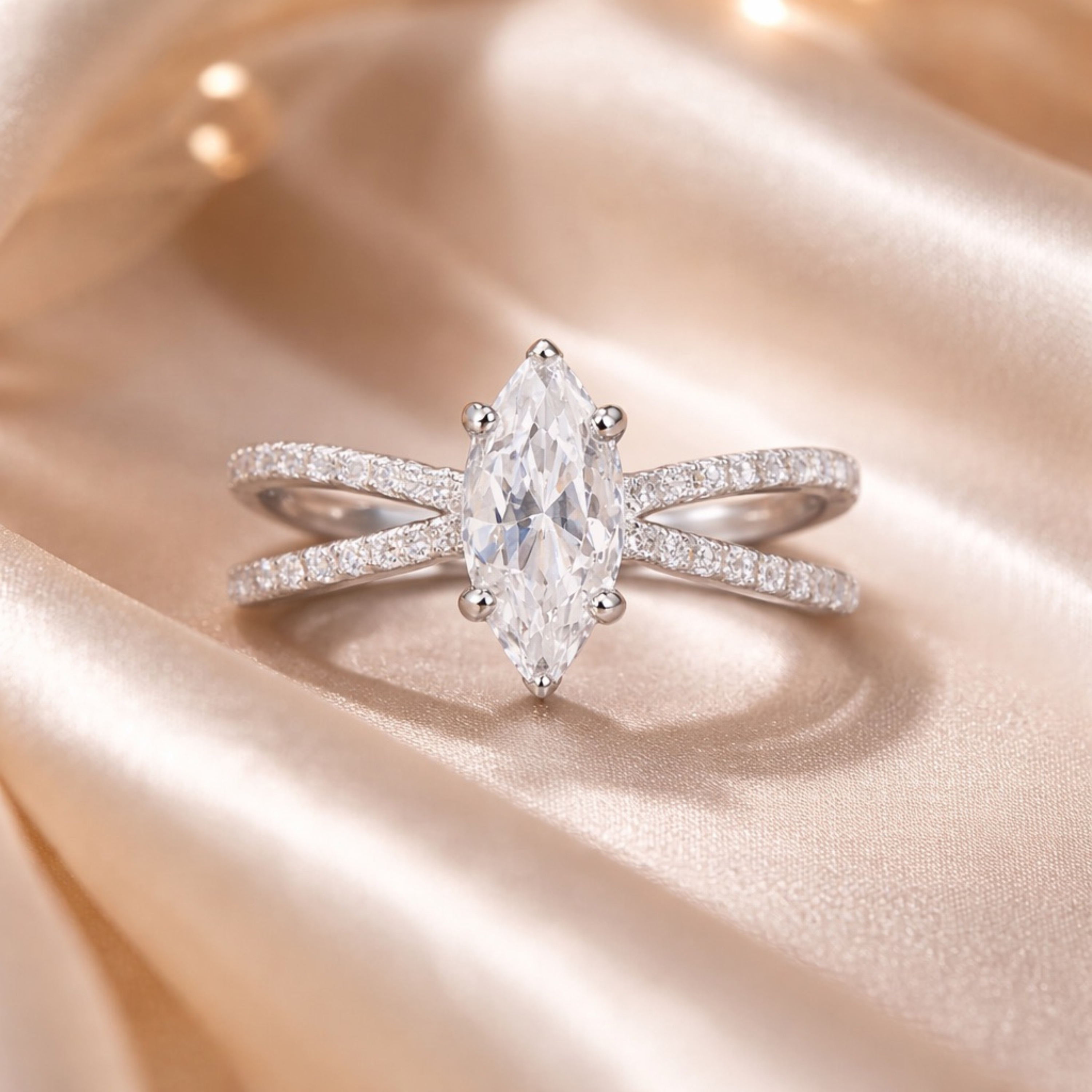     Elegant marquise diamond ring in white polish on beige background