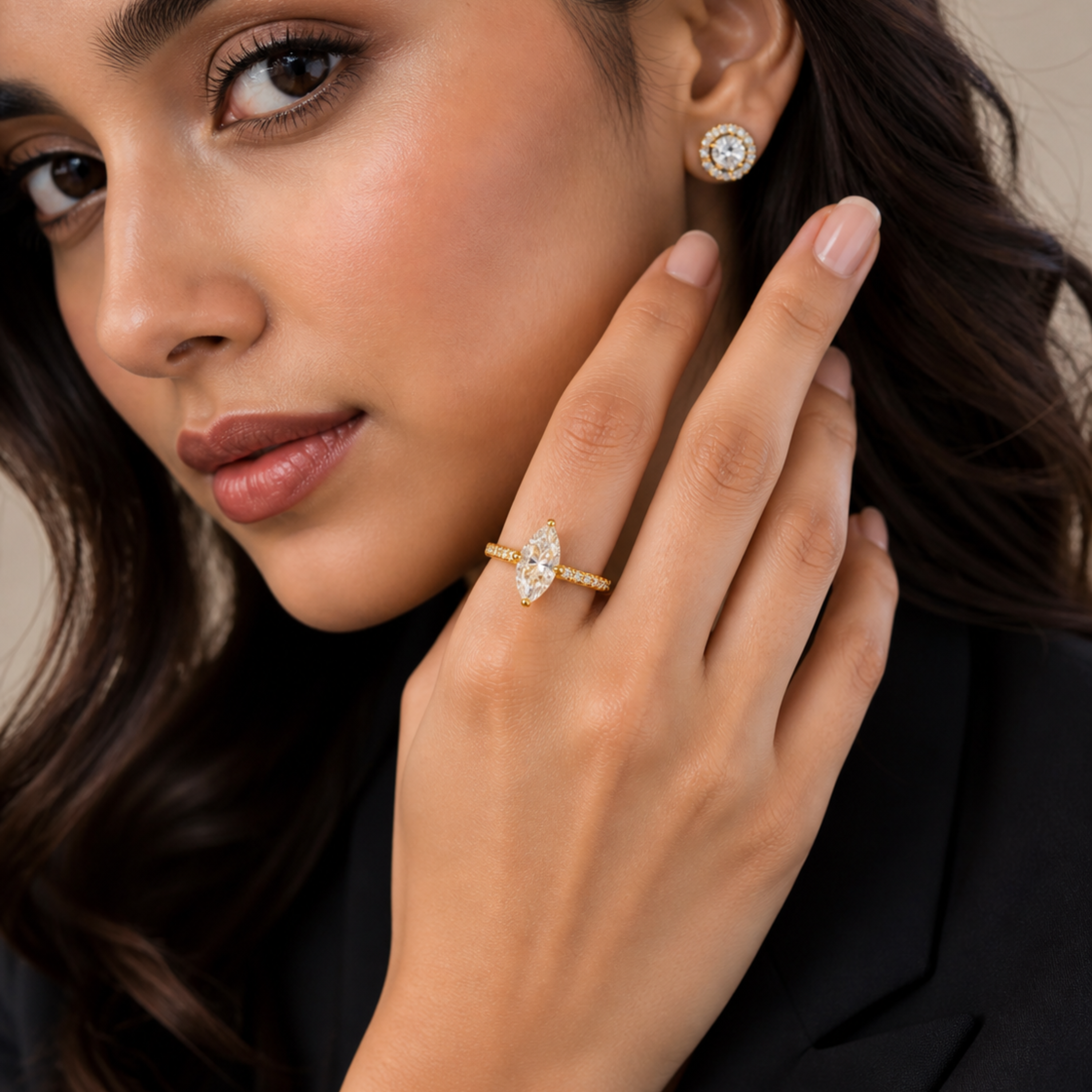 Marquise cut solitaire diamond ring in 925 sterling silver with golden polish, elegant minimal design for women
