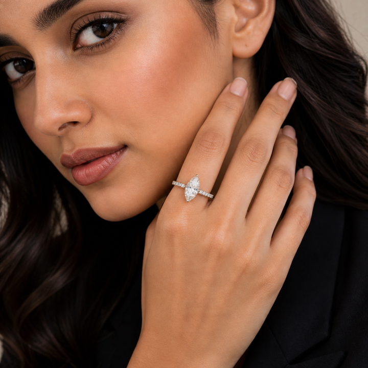 Model wear Marquise cut solitaire diamond ring in 925 sterling silver with white polish, elegant minimal design for women
