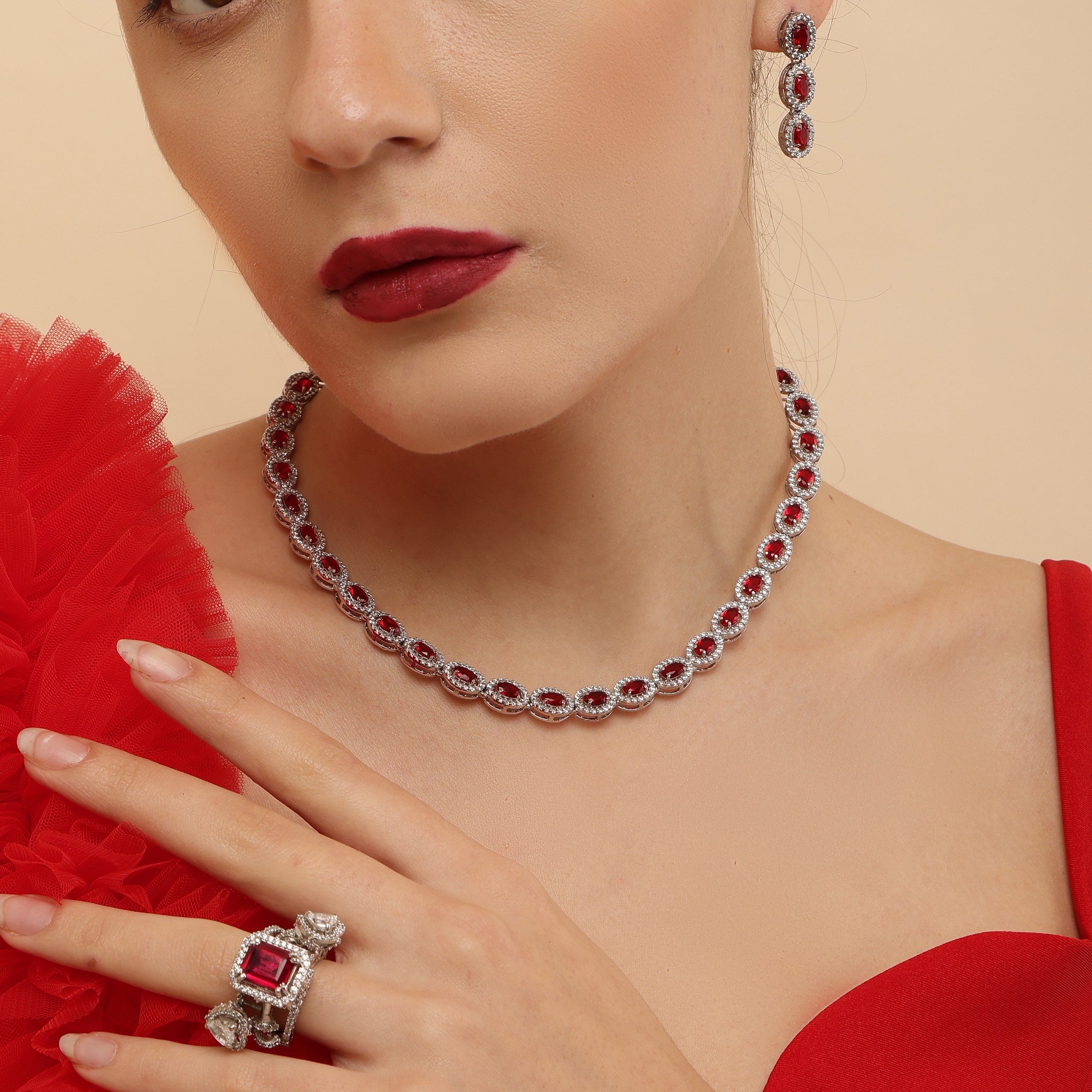 Mesmerising Ruby Bliss 925 sterling silver necklace set front view