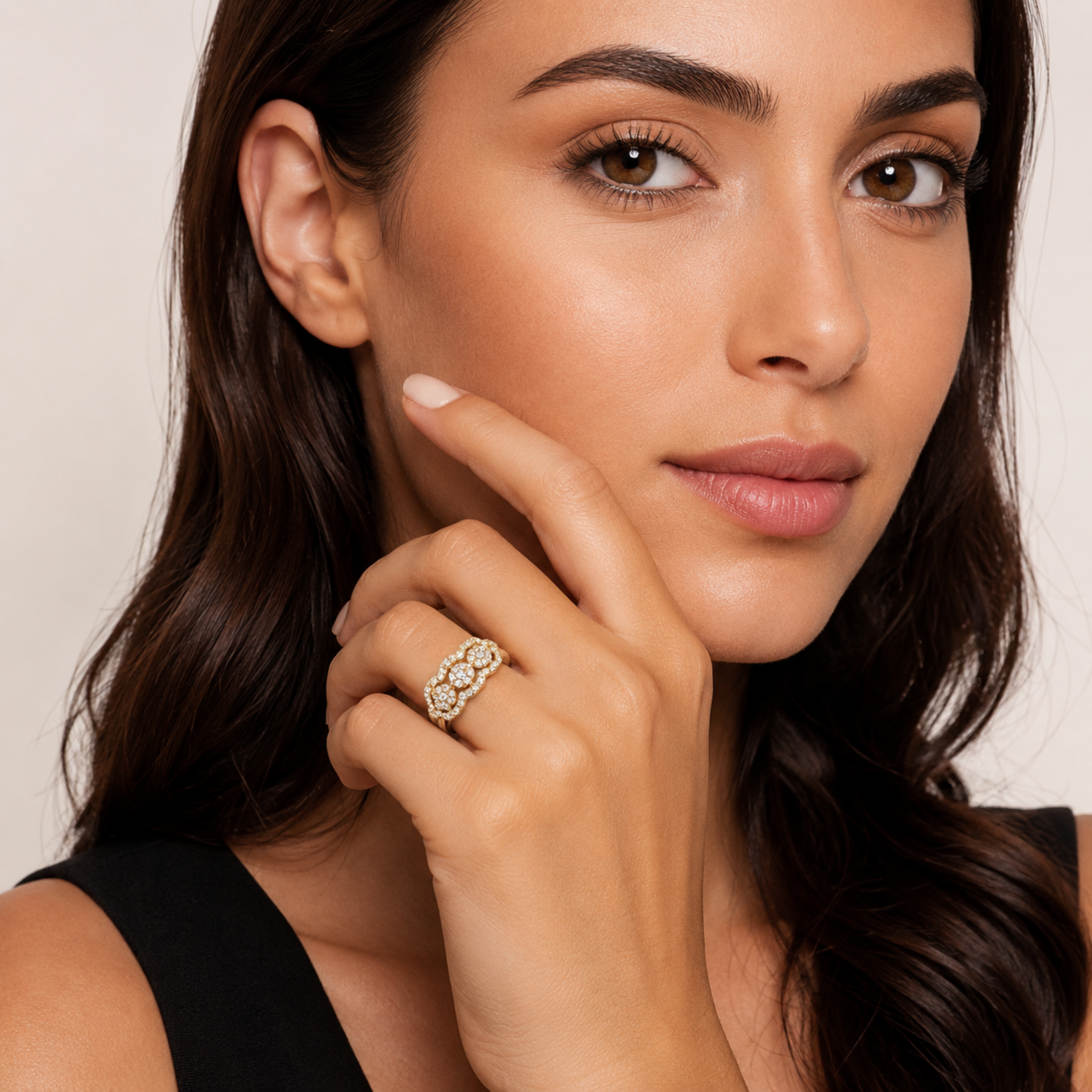 Model wearing floral cluster diamond ring in 925 sterling silver