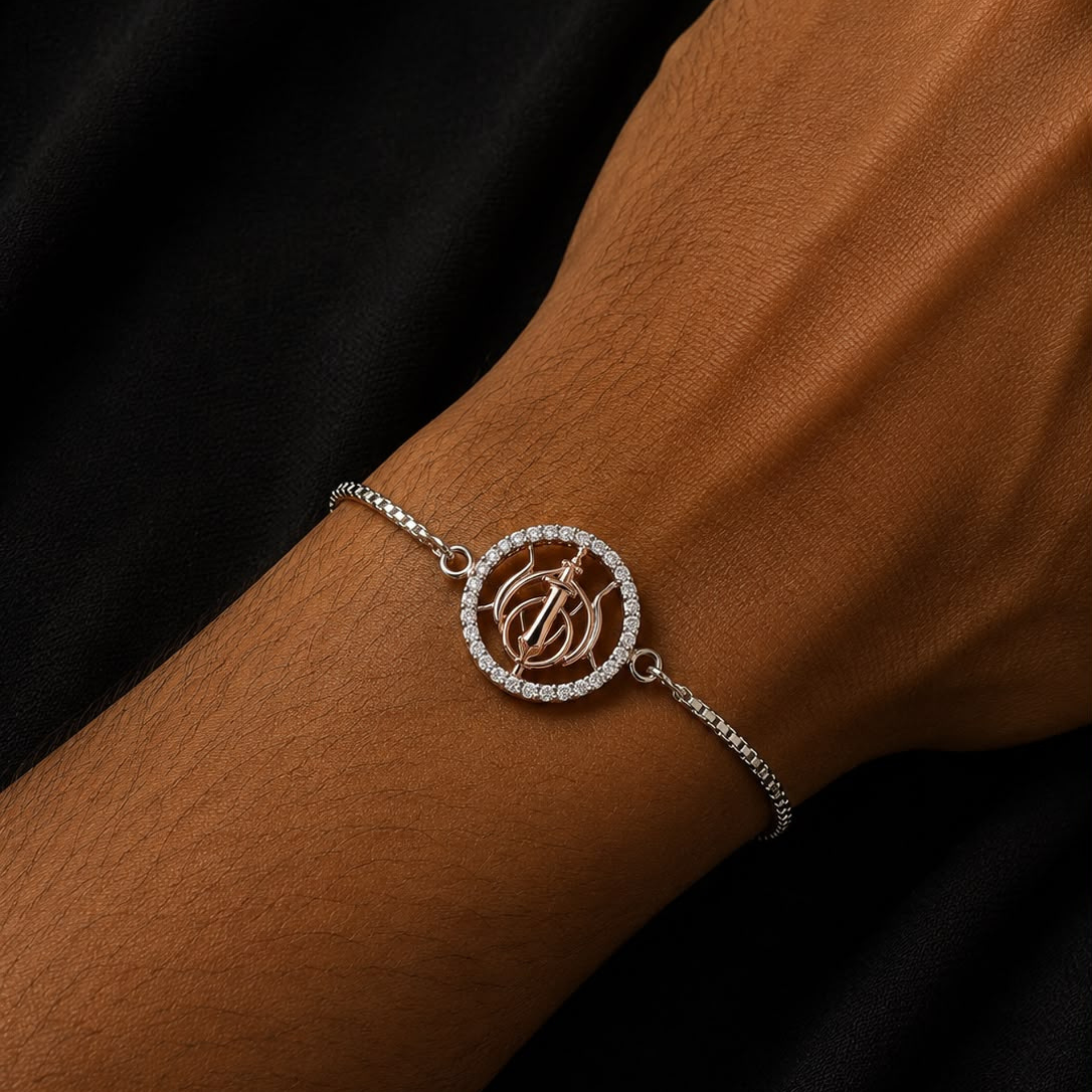 Premium Khanda Sahib Rakhi crafted in 925 sterling silver with spiritual Sikh symbol for Raksha Bandhan gifting.