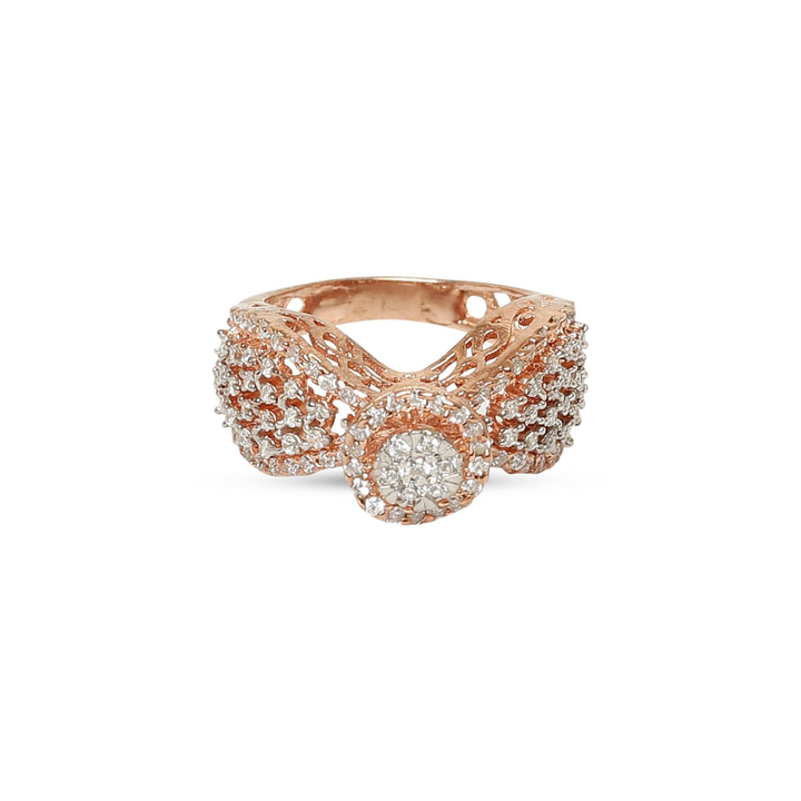 Radiant Blush rose gold-plated 925 Sterling Silver ring with sparkling round halo CZ diamonds on a white background.