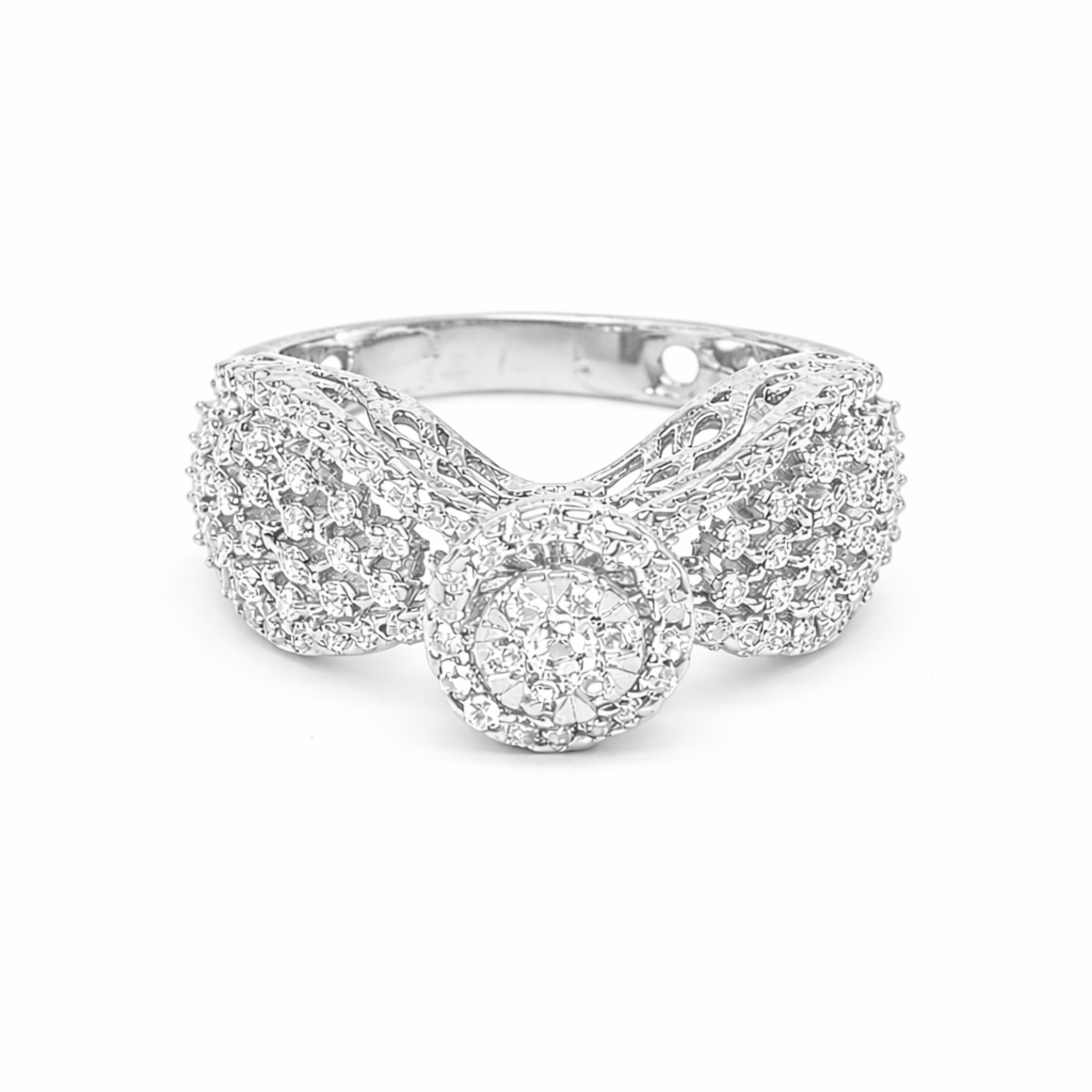 Radiant Blush 925 Sterling Silver ring in white rhodium polish featuring a round halo CZ diamond design on a white background.