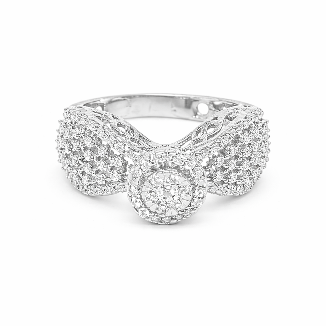 Radiant Blush 925 Sterling Silver ring in white rhodium polish featuring a round halo CZ diamond design on a white background.