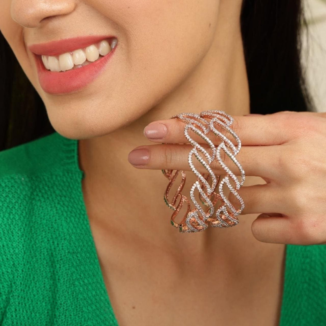 Radiant Swirl 925 sterling silver bangle worn on wrist