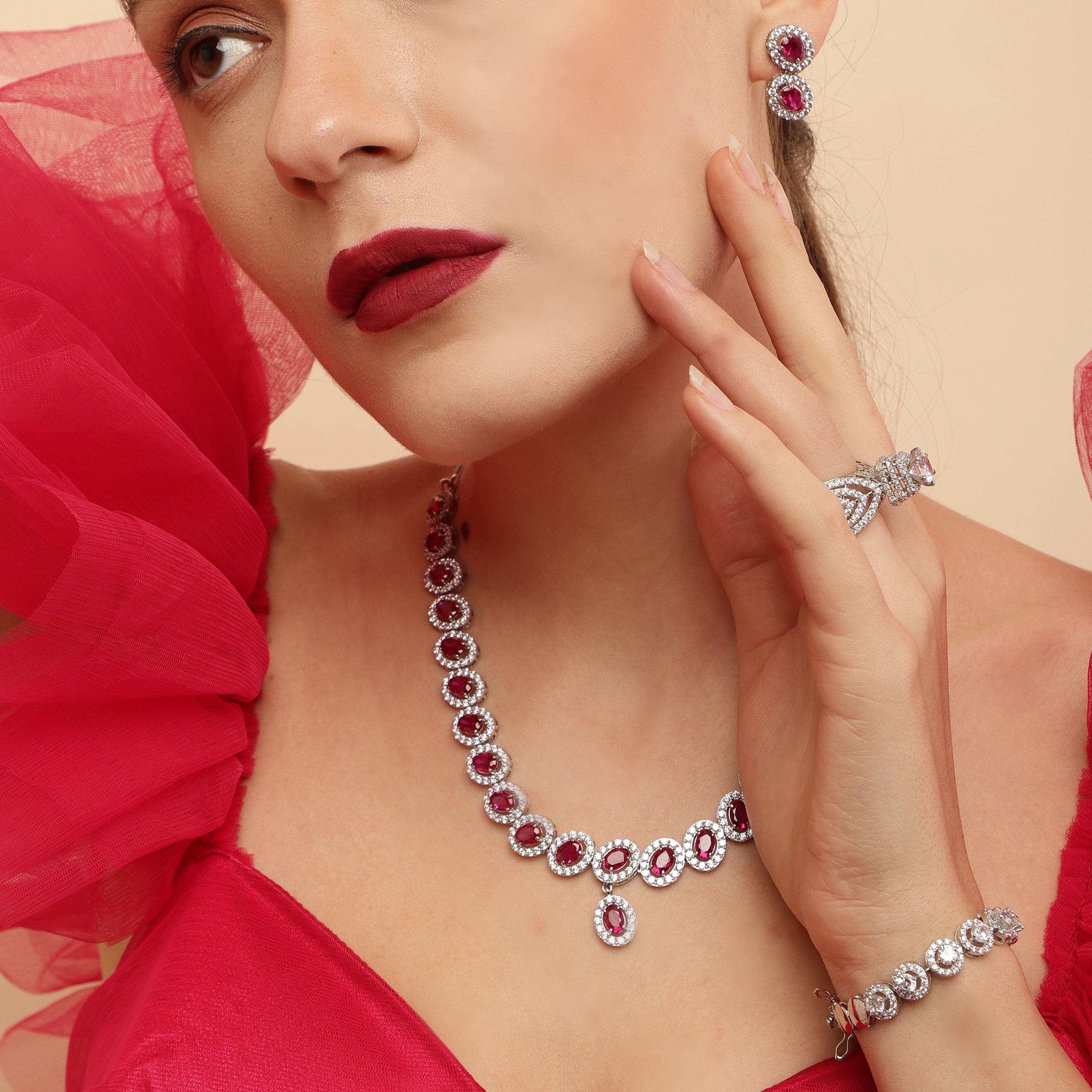 Red Romance sterling silver necklace set worn look